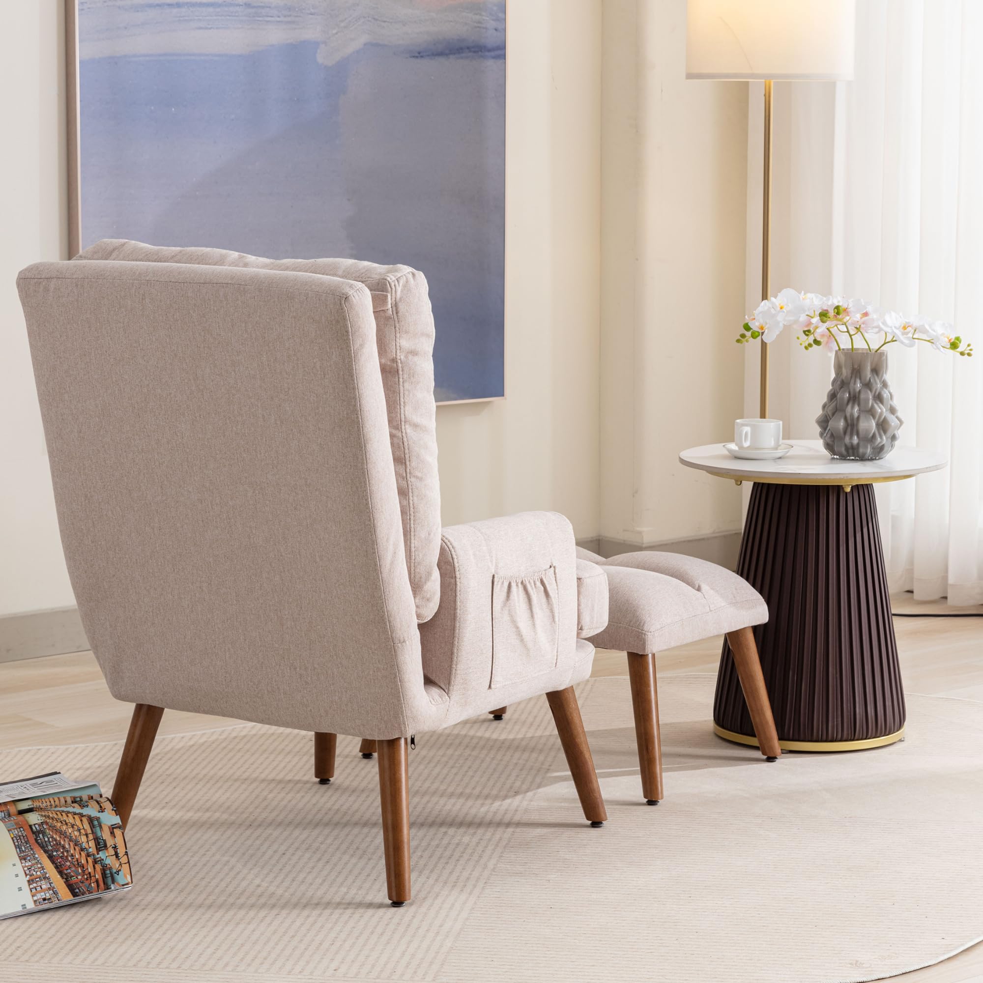 Merax Poltrona relax con funzione reclinabile a 10 livelli, comoda poltrona con sgabello, poltrona con tasche laterali, beige