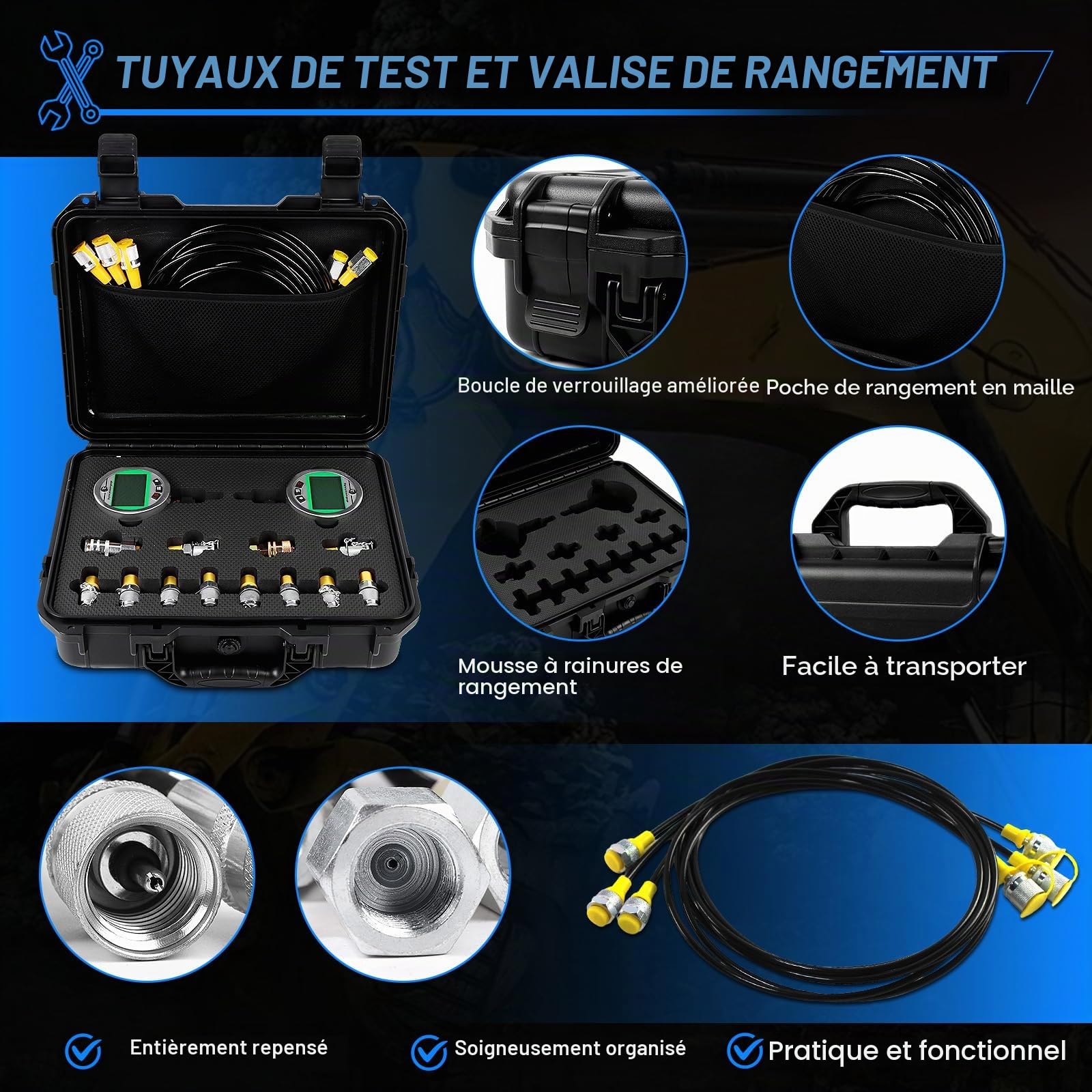 Kit de manomètre numérique avec 2 manomètres de pression 80 MPA/12 000 PSI, 3 tuyaux de test et 12 raccords hydrauliques, kit de test de pression d'eau avec rétroéclairage, garantie 1 an