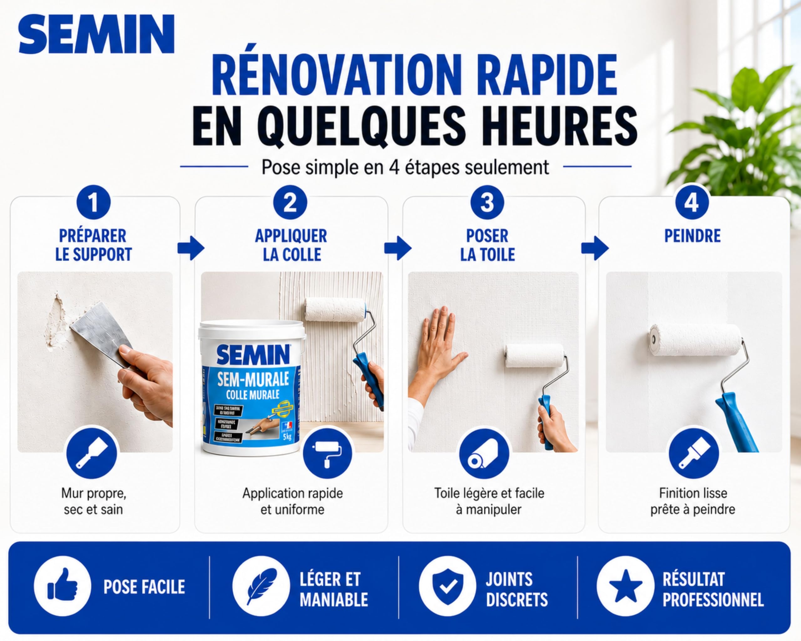 SEMIN Sem-Renov ECO – Revêtement Lisse de Rénovation à Peindre 25 x 1 m – Toile Murale pour Murs et Plafonds – Masque Défauts et Microfissures – Pose Facile – 150 g/m²