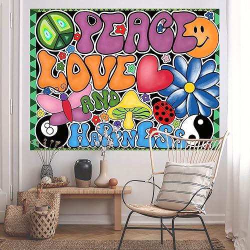 Miniatura 7 de Yanikki Tapiz de paz amor y felicidad de los años 70, tapices de fiesta temática vintage, hippie estético, tapiz para colgar en pared para