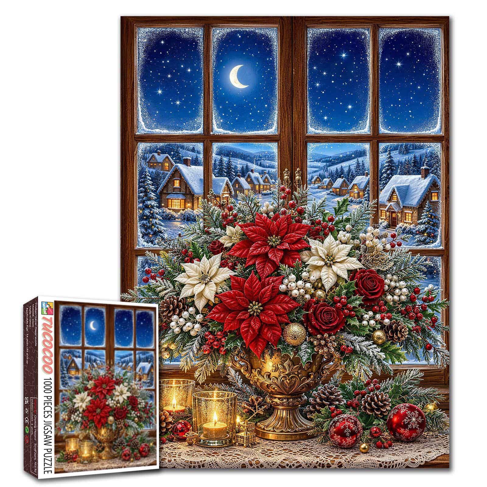 Christmas Window Jigsaw Puzzles 1000 Pieces for Adults Families Christmas Poinsettia Winter Village Pieces Fit Together Perfectly 19.7 x 27.6 Inch Frameable Holiday Puzzle Art โ image 1