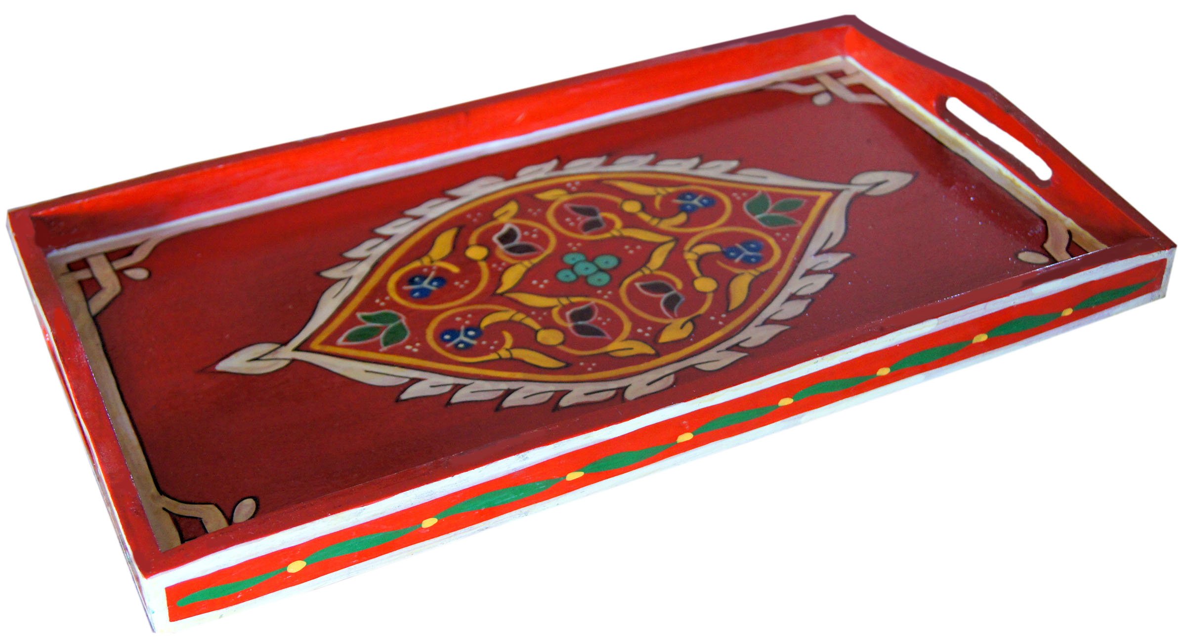 Handmade Moroccan Wood Tray Serving Painted Decorative with Handle for Tea Coffee Breakfast in Bed
