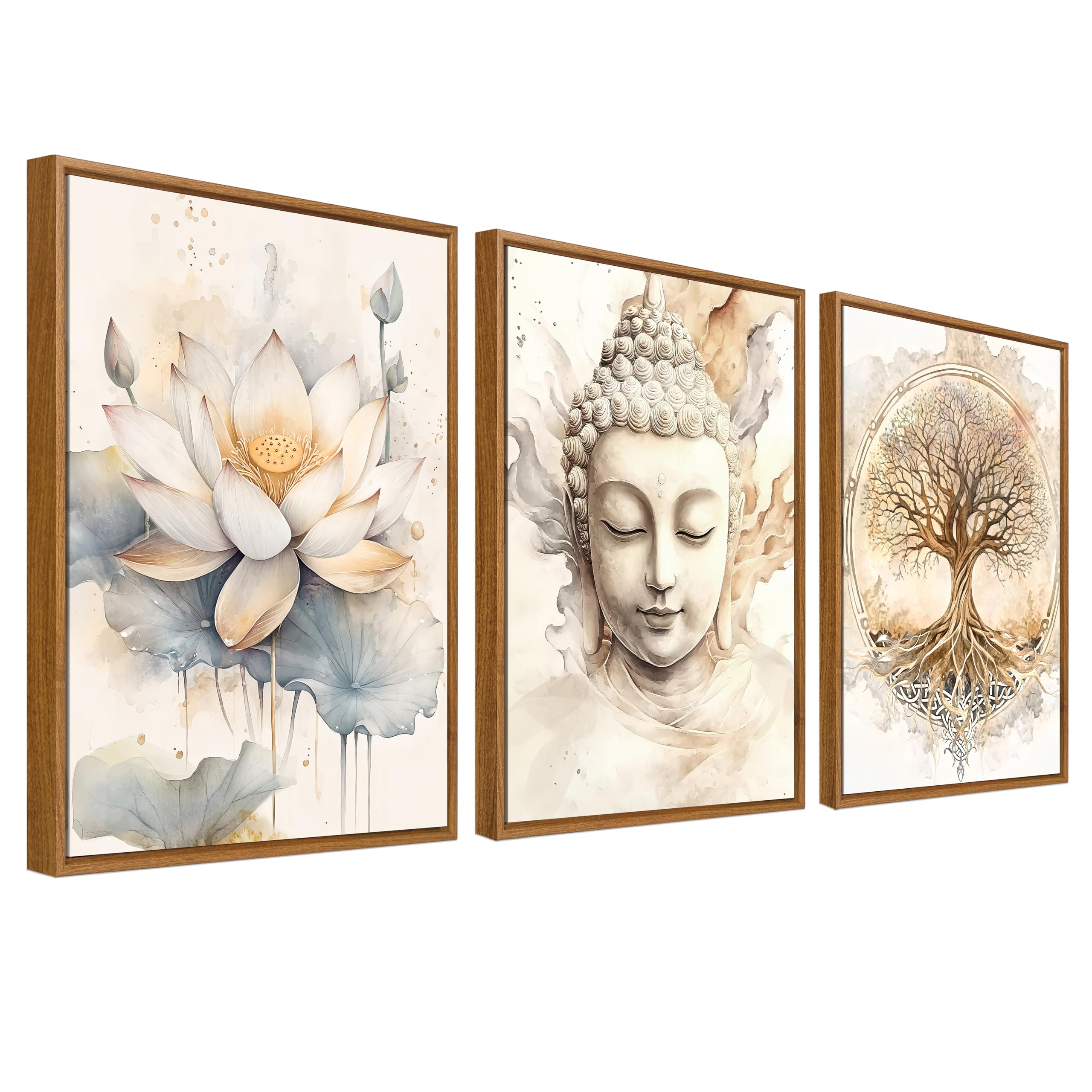 Framed Canvas Wall Art Set of 3 Tree of Life Buddha Painting Prints for Wall Poster Zen Buddhism Beige Lotus Flower Pictures for Living Room Bedroom Hallway 40x60cm x3pcs (No Acrylic Glass)