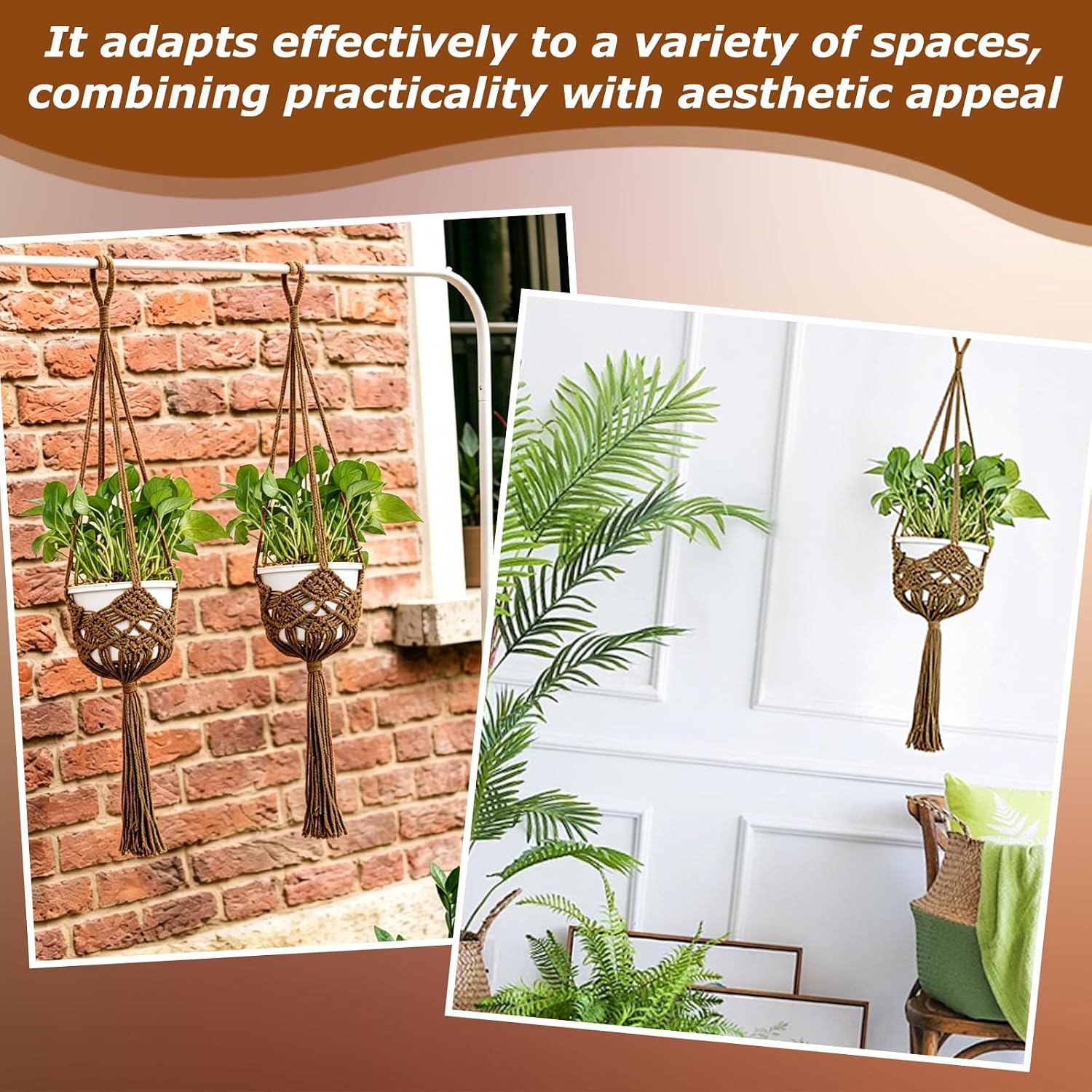 4Pcs Cotton Crochet Macrame Plant Hangers Brown Boho Hanging Planter with Patterns Indoor Outdoor Hanging Planter Basket Flower Plant Hanger for up to 8 Inch Indoor Outdoor Hanging Planter