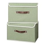2PCS Storage Bins with Lid PU Leather Handles Storage Boxes PP Plastic Board Decorative Foldable Lidded Cotton Linen Fabric Home Cubes Baskets Closet Organizer Containers - Green, Large Size