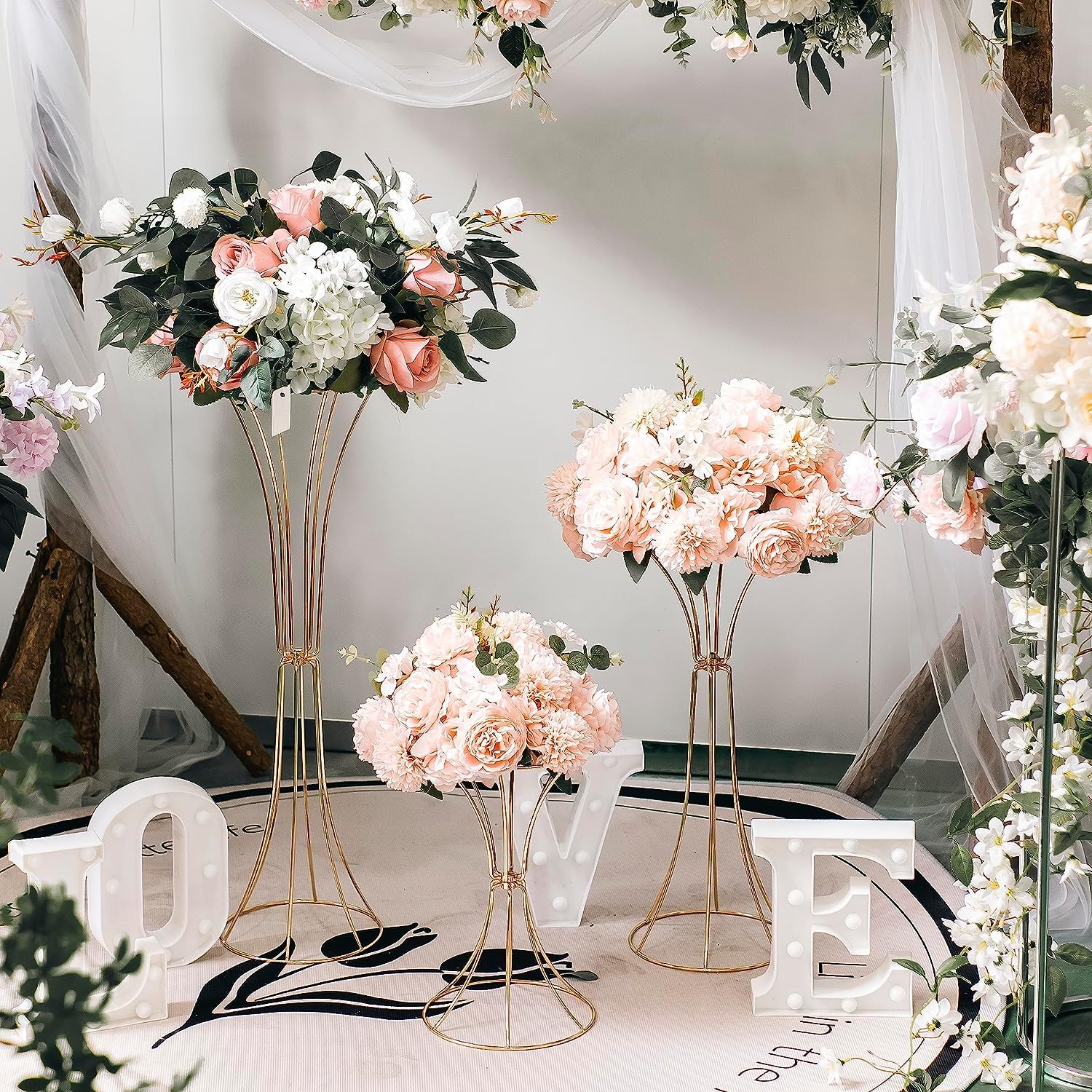 Supports à Fleurs Dorés - Lot De 3 (50, 66, 79 Cm) - Pour Mariage, Décoration Table, Charge 5kg