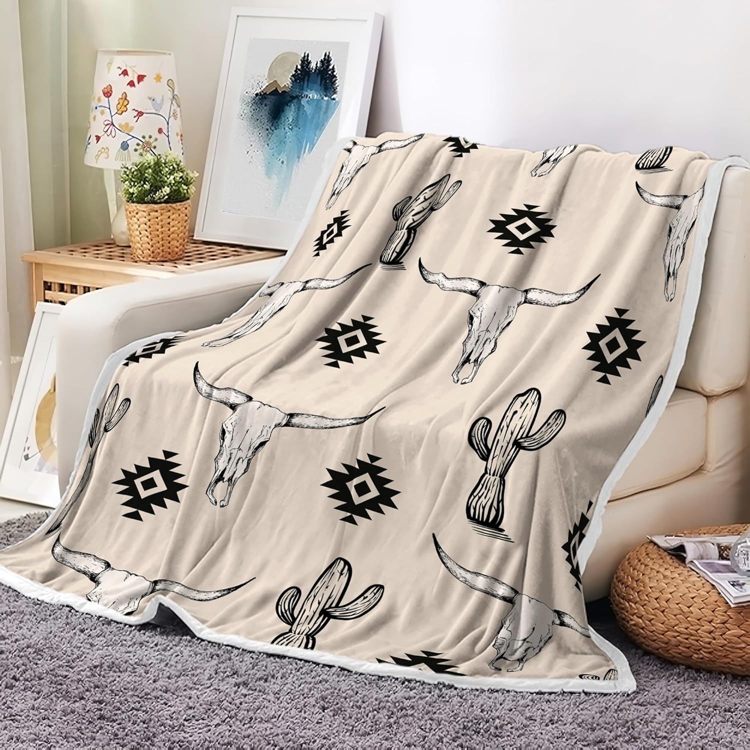 Western Boho Beige Throw Blanket, Bohemian Geometric Southwestern Bull Skull Warm and Cozy Fleece Throw Blanket for Bed, Couch, Native Aztec Tribal Cactus Farmhouse Travel Camping Blanket, 50X60in - Image 3