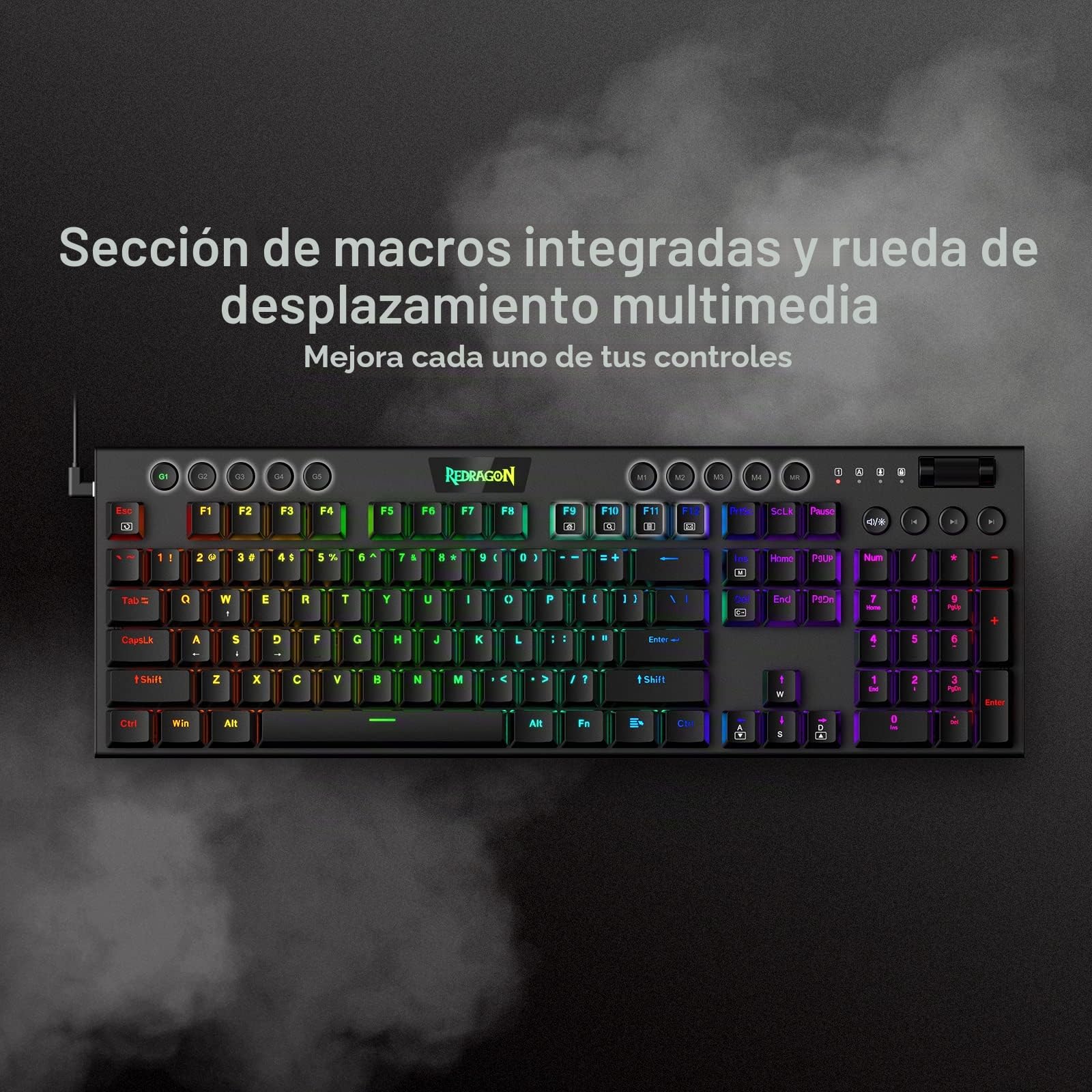 Redragon Teclado mecánico Horus RGB K619, teclado para juegos con cable de diseño ultrafino con teclas de perfil bajo, control multimedia dedicado e interruptor rojo lineal, compatible con software