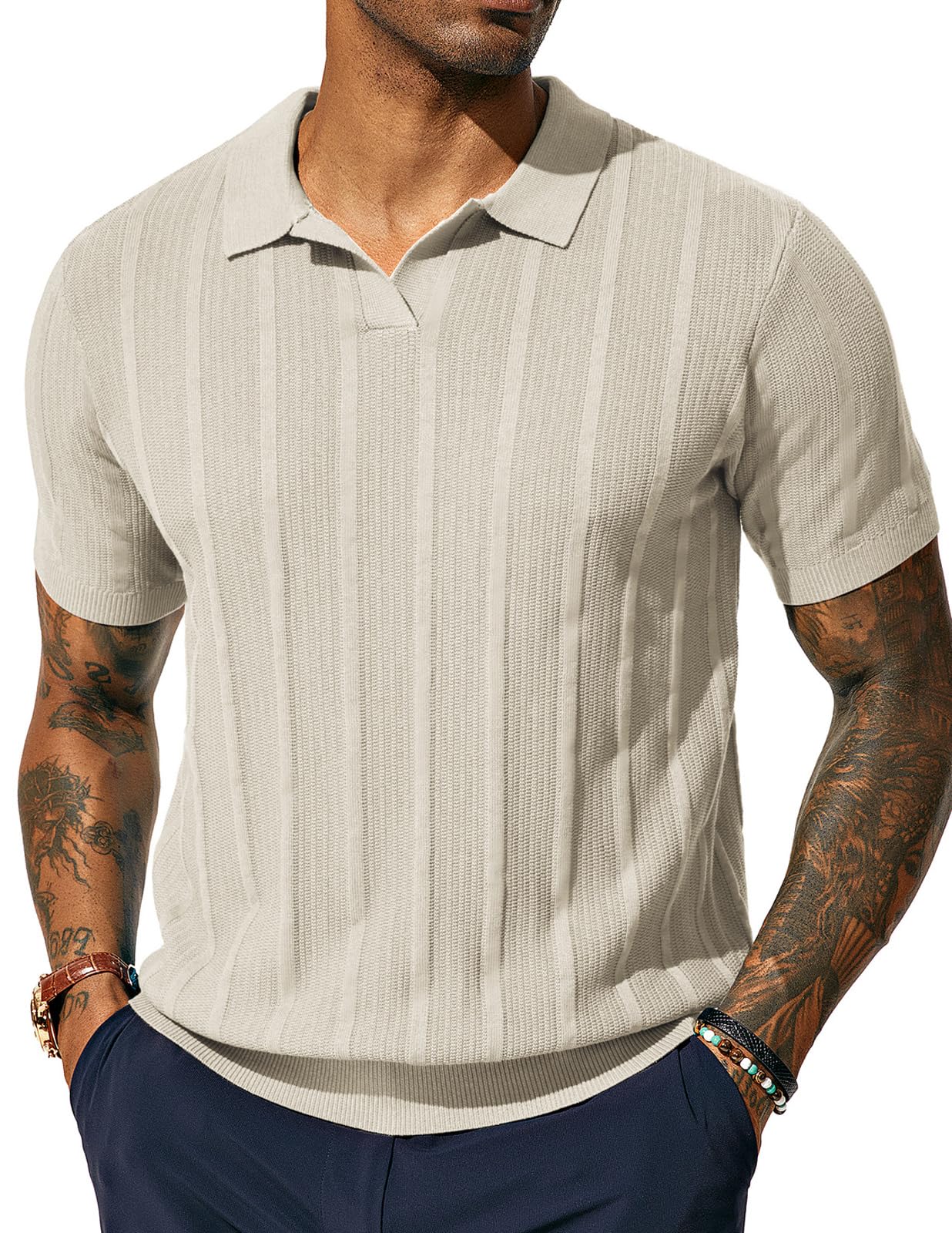 Mens Polo Shirts Textured Knit V-Neck Summer Shirts