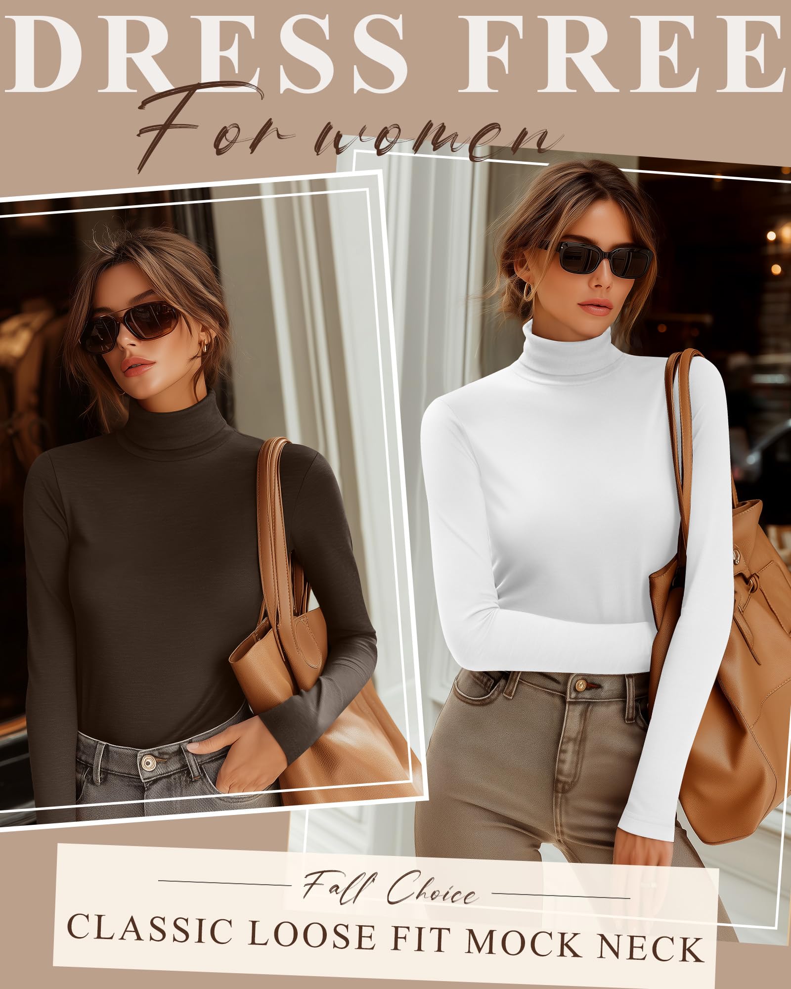 Neer Confezione da 5 magliette da donna a collo alto a maniche lunghe, in cotone termico, per autunno e inverno, confezione multipla