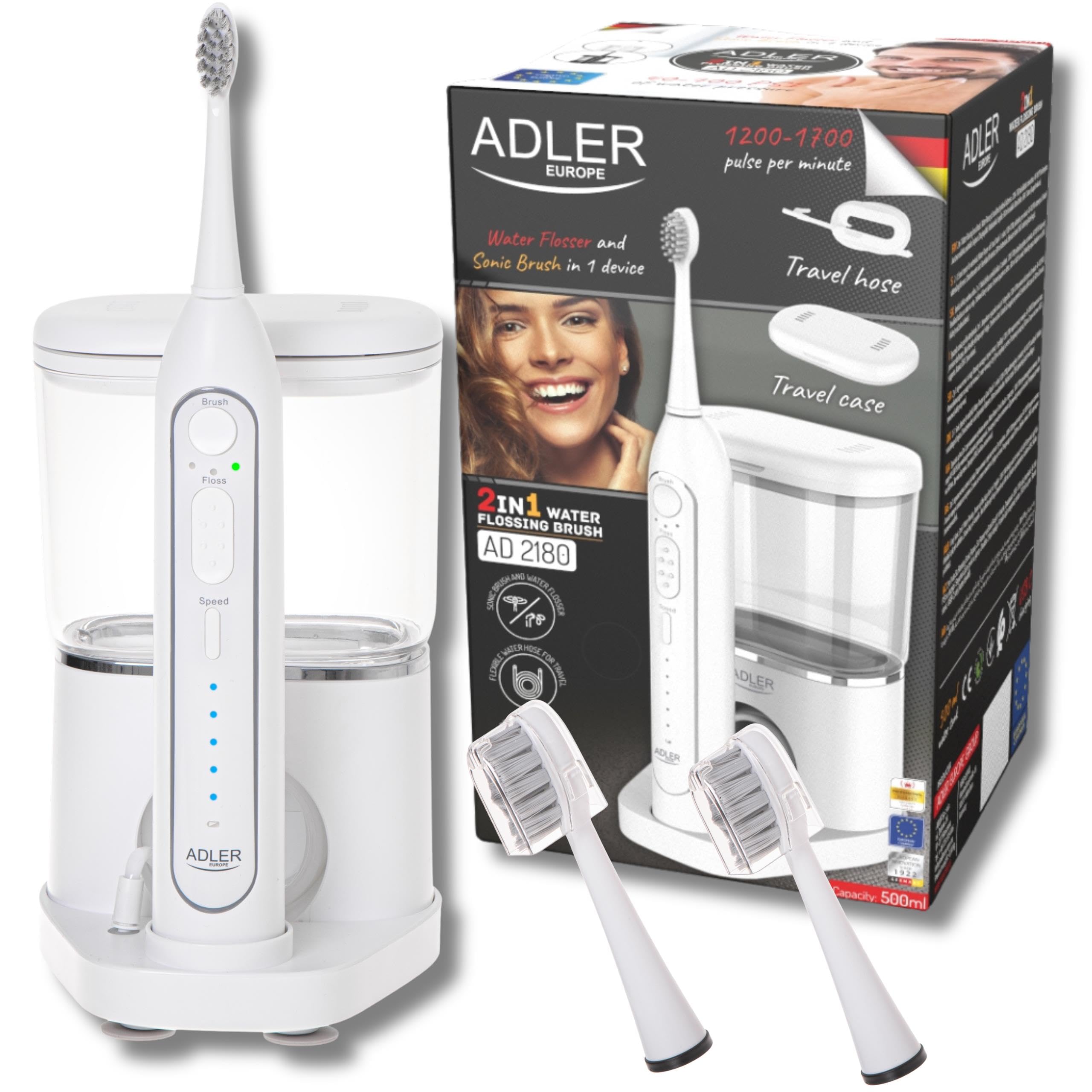 ADLER Irrigador dental 2 en 1 con cepillo sónico blanco