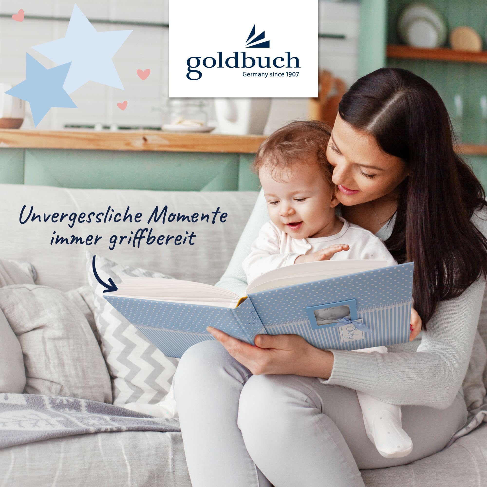 goldbuch 15802 Babyalbum mit Fensterausschnitt, Fotoalbum mit 58 weißen Blankoseiten und 4 illustrierten Seiten, Pergamin-Trennblätter, Kunstdruck, Papier, Sweetheart Blau, 30x31 cm