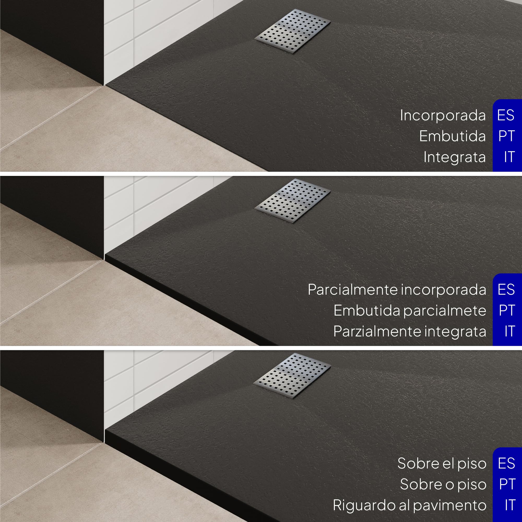 Plato de ducha 70 x 160 cm BOREAL negro RAL 7021 resina SMC extraplano 26 mm, antideslizante con tecnología GRIPSTONE, textura pizarra, válvula de desagüe y rejilla en inox