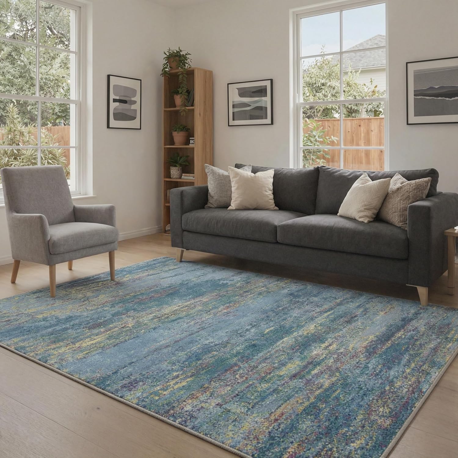 2x3 Entryway Rug Machine Washable Low Pile Non Slip Backing, Indoor Doormat for Kitchen Entrance Front Door Bathroom, Modern Abstract Stripe Pattern Blue Green