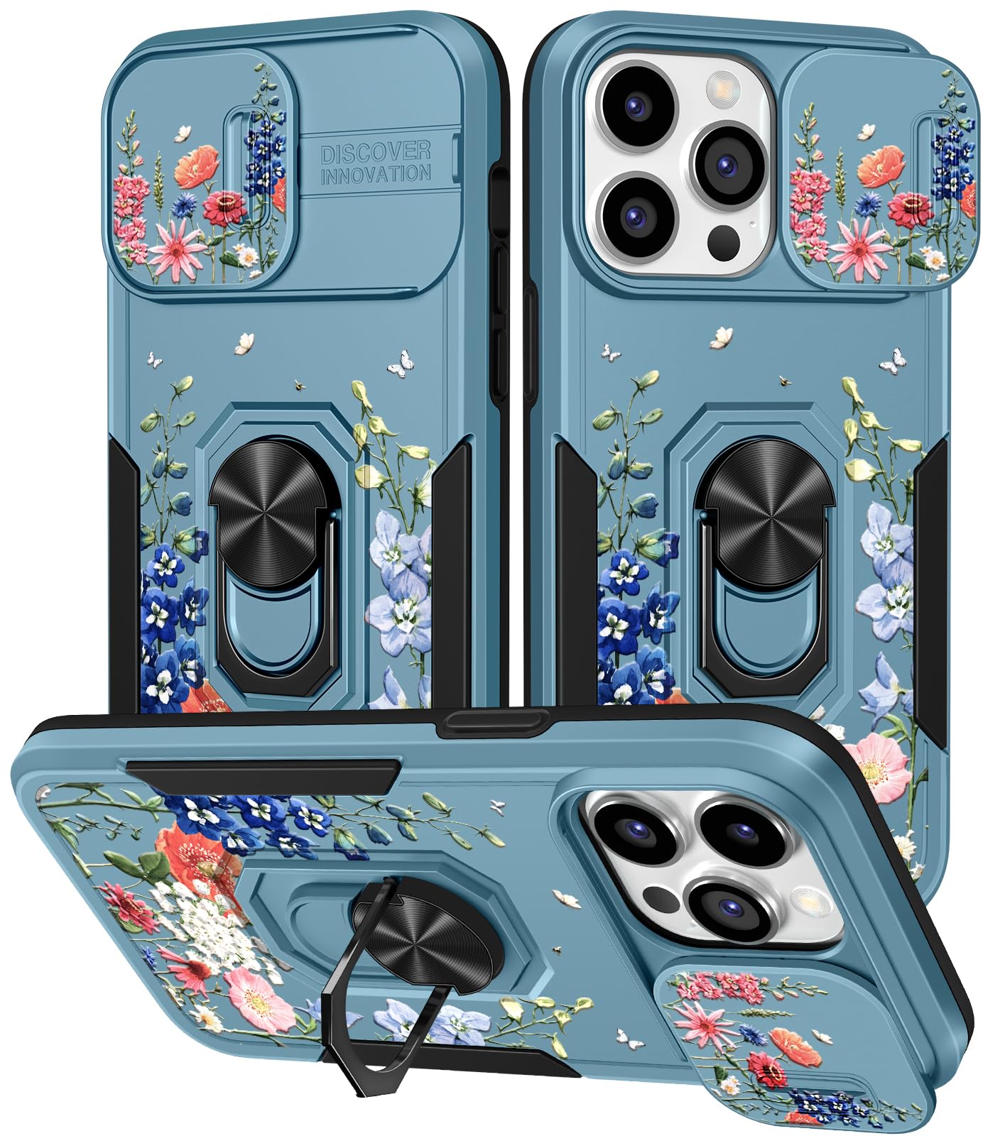 for iPhone 14 Pro Max Case with Camera Cover Slide and Stand for Women, Cottagecore Floral Bloom Flowers Design for Girls, Durable Lens Protector Shockproof Phone Case for 14 Pro Max 6.7”