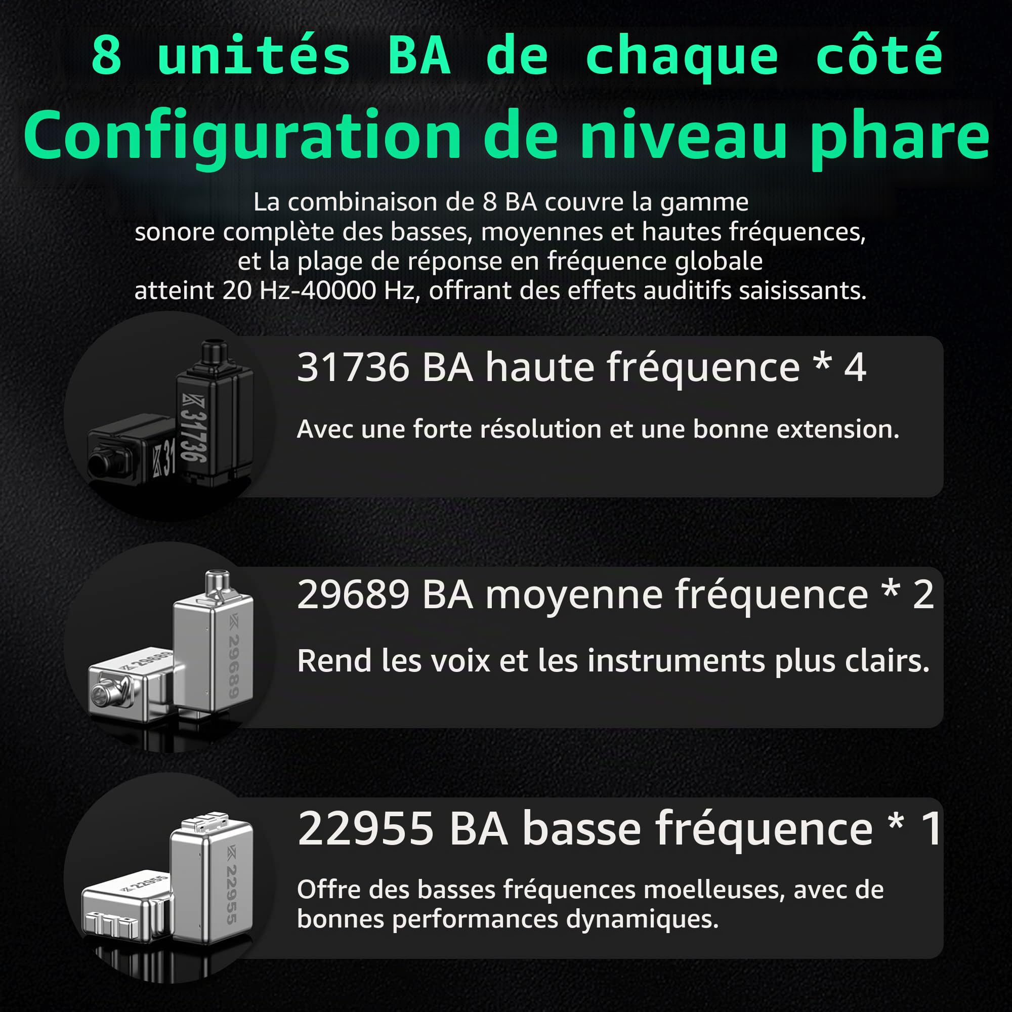 keephifi KZ AS16 Pro Écouteurs in Ear Monitor,4 * 31736 BA et 2 * 29689 BA et 2 * 22955 BA IEM HiFi,fréquence électronique divisionnaire PCB,Casque Filaire 20-40kHz pour Musiciens et Gaming