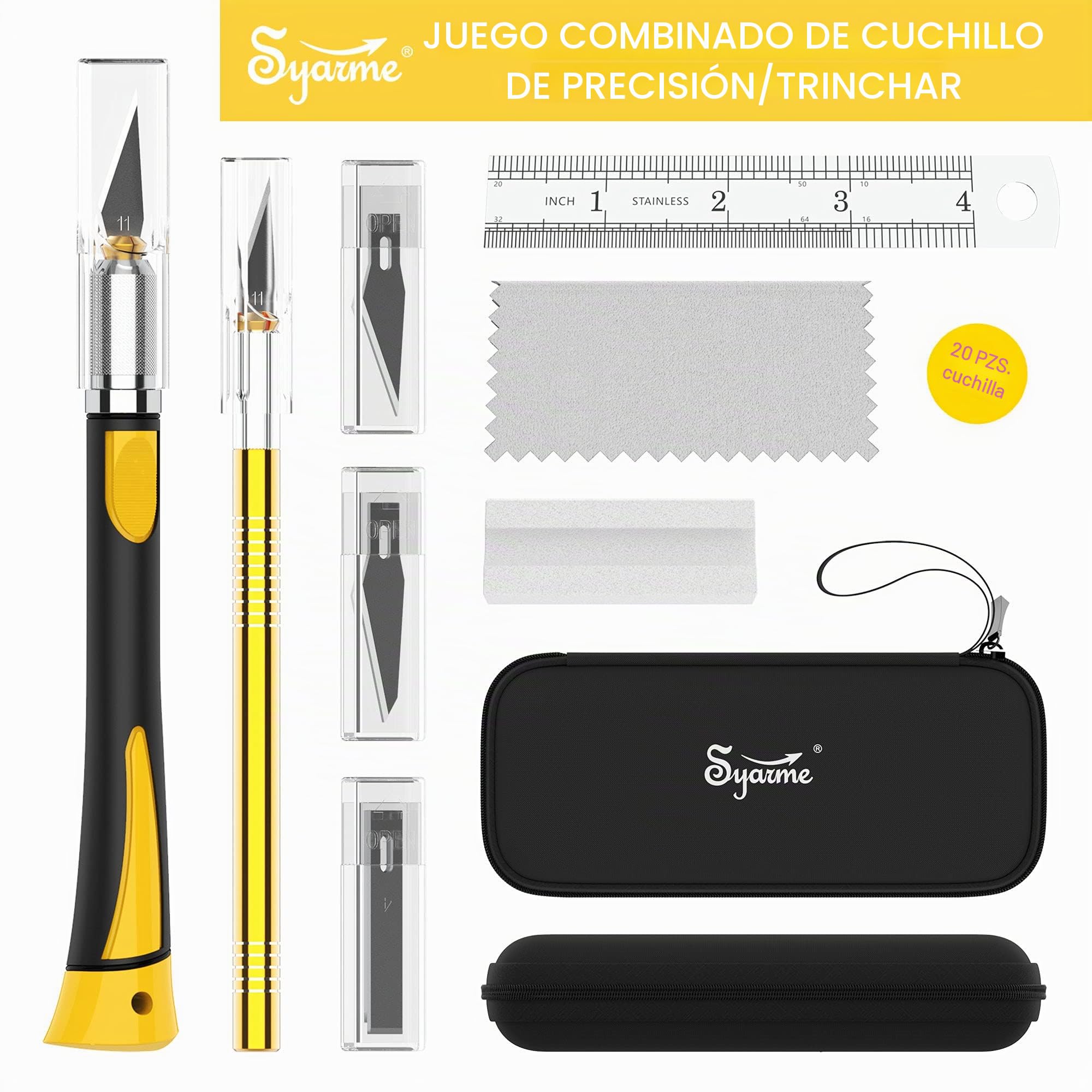 Cutter Manualidades Precision, Cutter de Precision con Mango de Goma, Para Cortar, Tallar y Modelismo, Contiene 2 Cuter Manualidad, 20 Cuchillas de Recambio, Caja de Almacenaje, Piedra de Afilar Etc