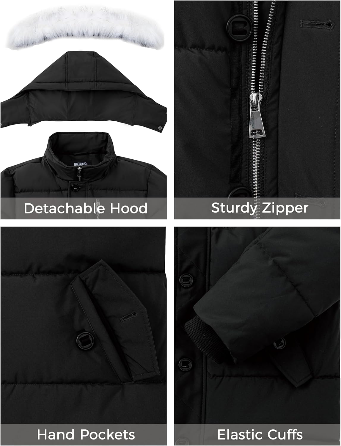 Skieer Men's Hooded Puffer Jacket Outdoor Waterproof Winter Coat Warm Parka with Detachable Hood - Image 6