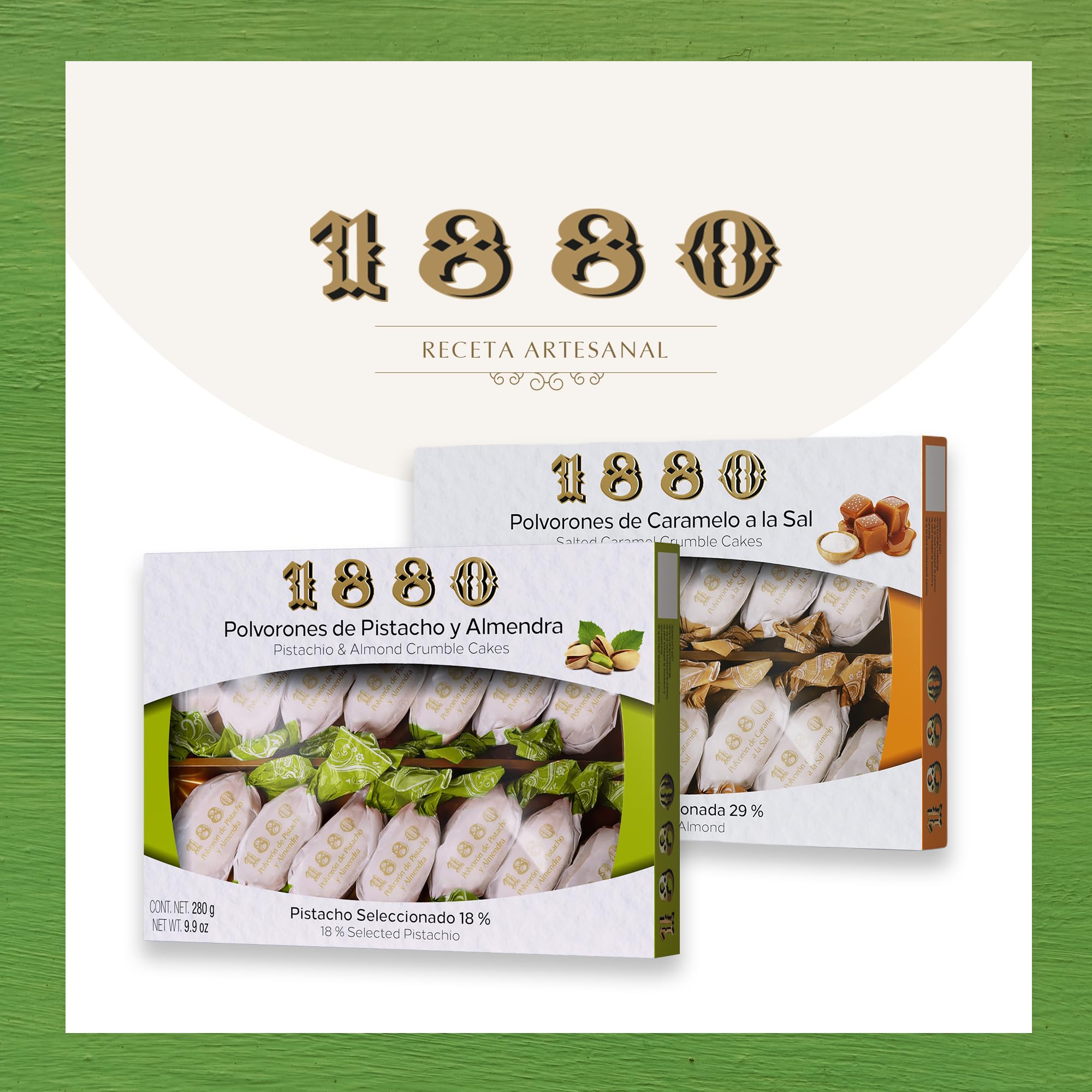1880 - Polvorones de Pistacho y Almendra, Calidad Suprema, Típico Dulce Navideño, Receta Artesanal, Envase Individual, Polvorones Tradicionales, Elaborado con Almendras Seleccionadas, 280 Gramos