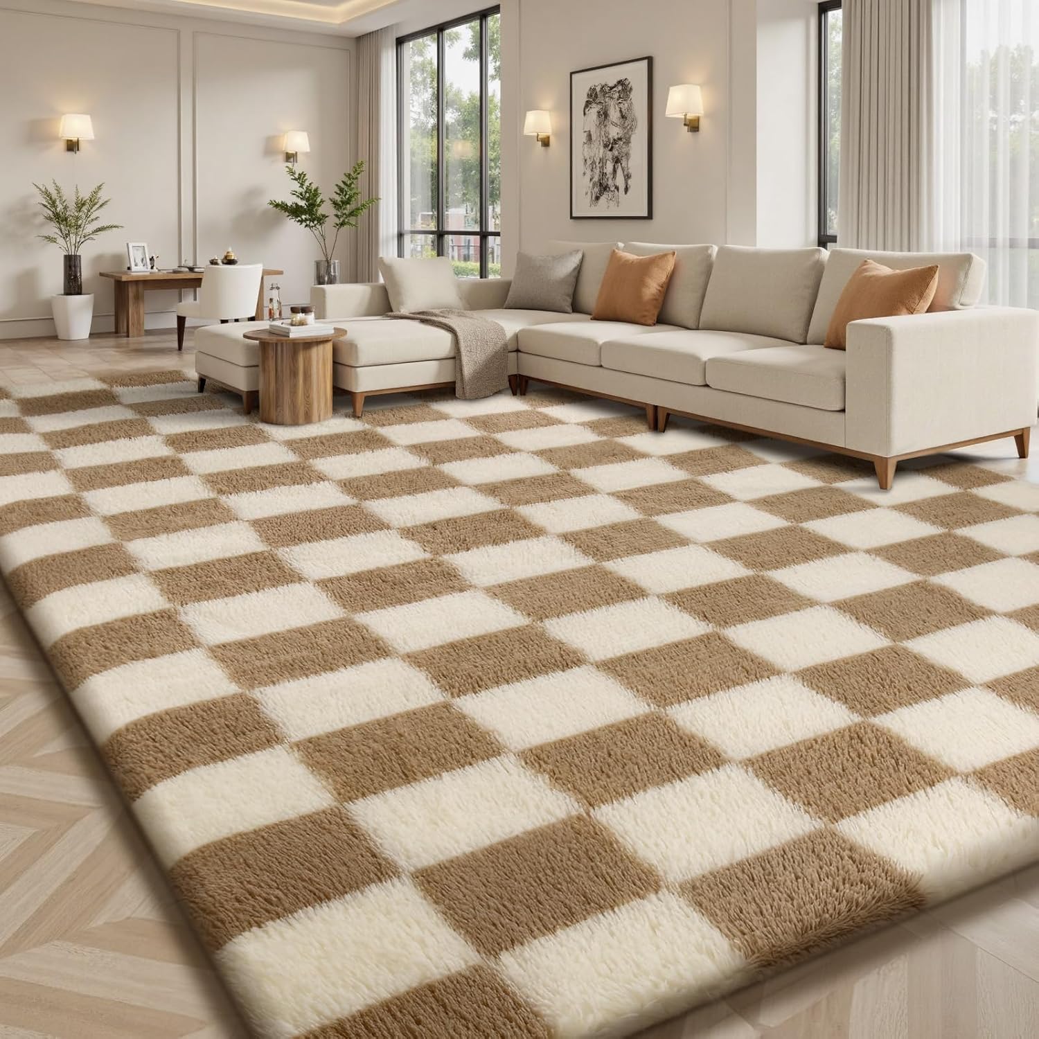 Tyeeboy Rugs Living Room 200x300cm,Beige and White Checkered Area Rug for Bedroom,Washable Anti Slip Extra Large Shaggy Rug Soft Fluffy Rug Fuzzy Carpet for Kids Room Nursery,Dorm Home Decor