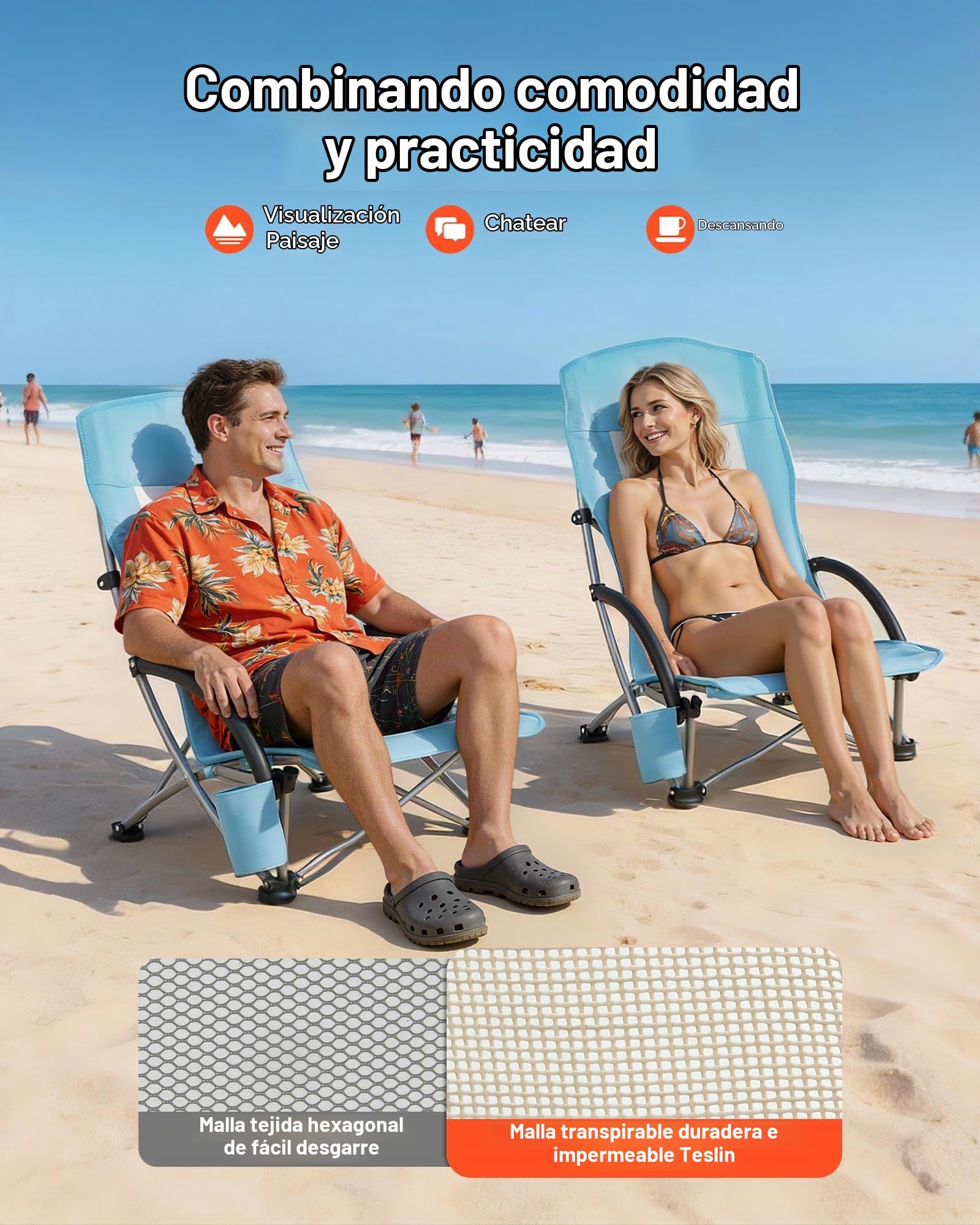 VEVOR Silla de Playa Plegable, Paquete de 2, Capacidad Máxima de 150 kg con Respaldo Alto de Malla, Almohada, Silla de Camping Portátil, Resistente con Portavasos para Exteriores Barbacoa Aire Libre