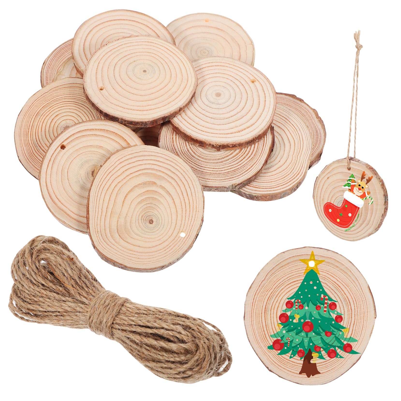 Unbehandelte Runde Holzscheiben zum Basteln 50 Stück 7-8cm | Jutekordel, Braune Holzornamente für Selbstgemacht und Dekoration, 10m Schnur