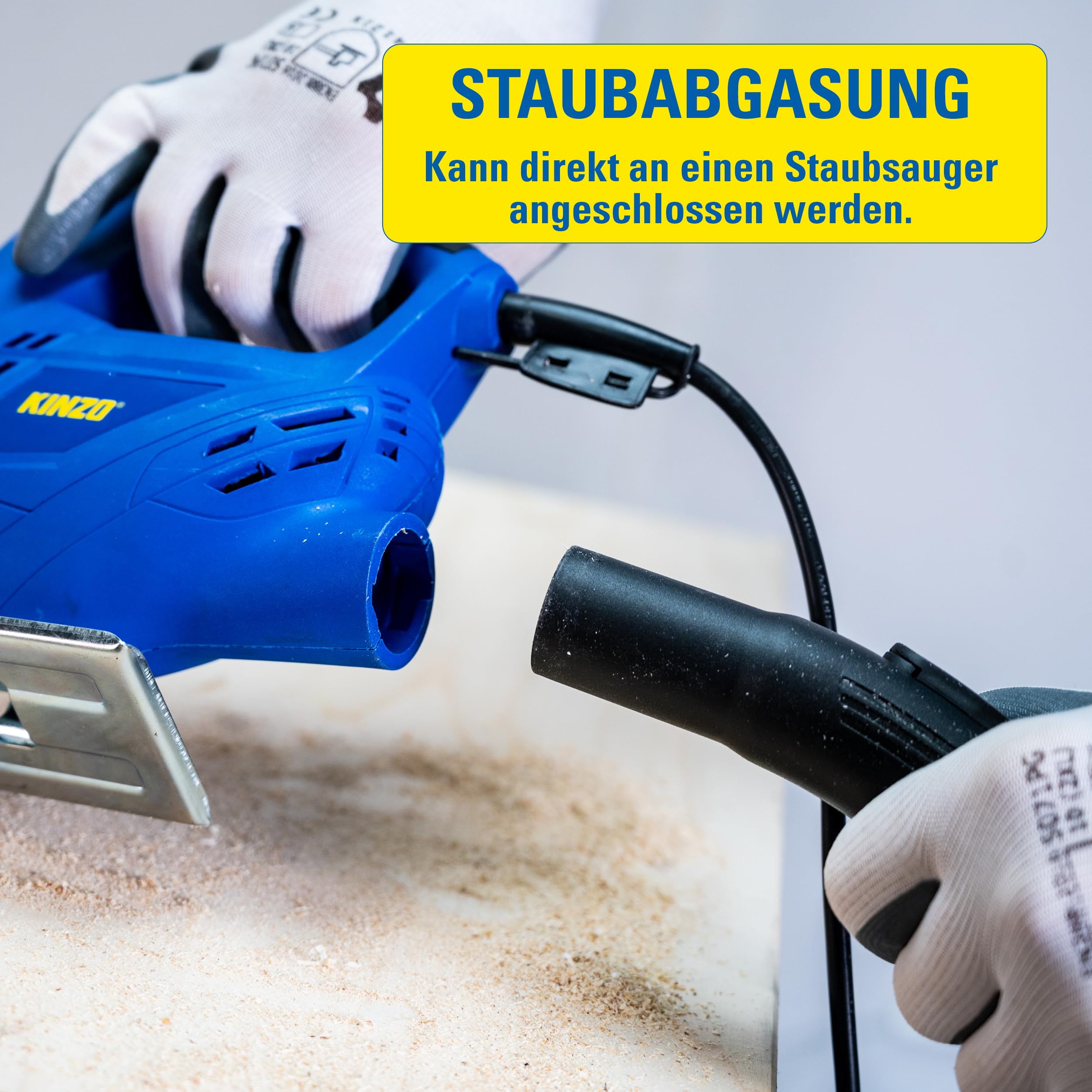 Kinzo Stichsäge - 230V - 400W - mit Staubabsaugung - Schutzblatt - Verschiedene Materialien - Holz bis zu 65 mm - Metall bis zu 6 mm - Blau, 8711252064161