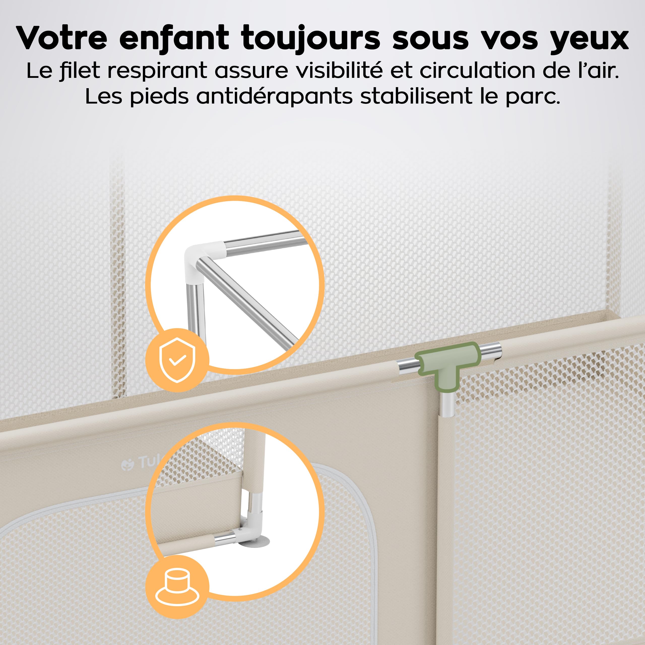 Tulano Cozy 22, parc bebe avec fond, structure métallique stable, Beige | parc enfant pour usage intérieur et extérieur, parois en maille, entrée zippée, Sac de Transport, 180x120-6 à 36 mois