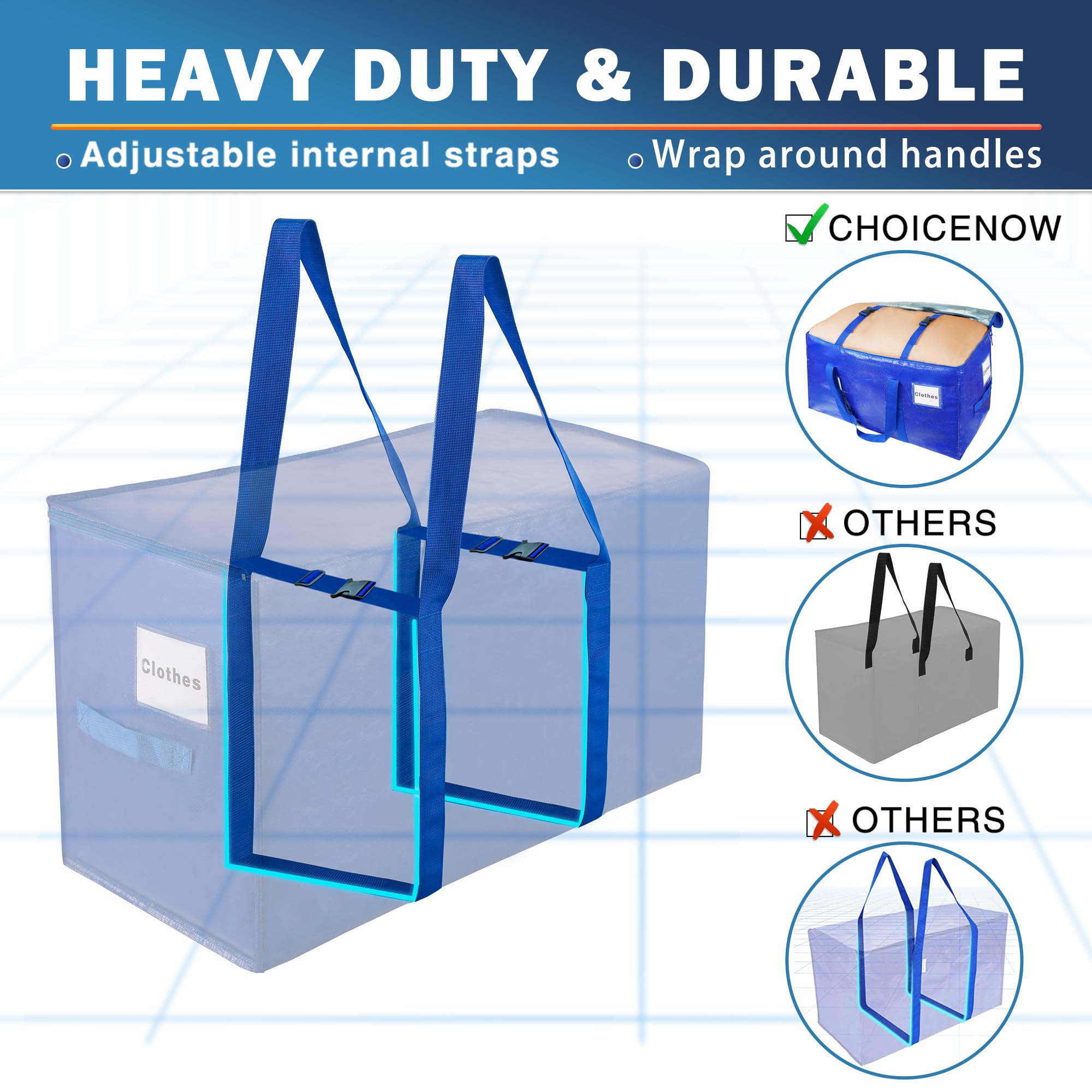 CHOICENOW Extra Large Moving Bags for Clothes,Heavy-Duty Storage Tote with Zippers and Handles(24Gallon),for College Dorms and Space Saving Moving Storage (Blue, 8 Pack)