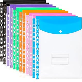 Punched Pockets 12 Pack A4 Plastic Wallets - 11 Holes Expandable Binder Pocket for 2/3/4 Ring Binder, Heavy Duty Plastic Envelope File Folders with Snap Button and Label Pocket for School Home Office