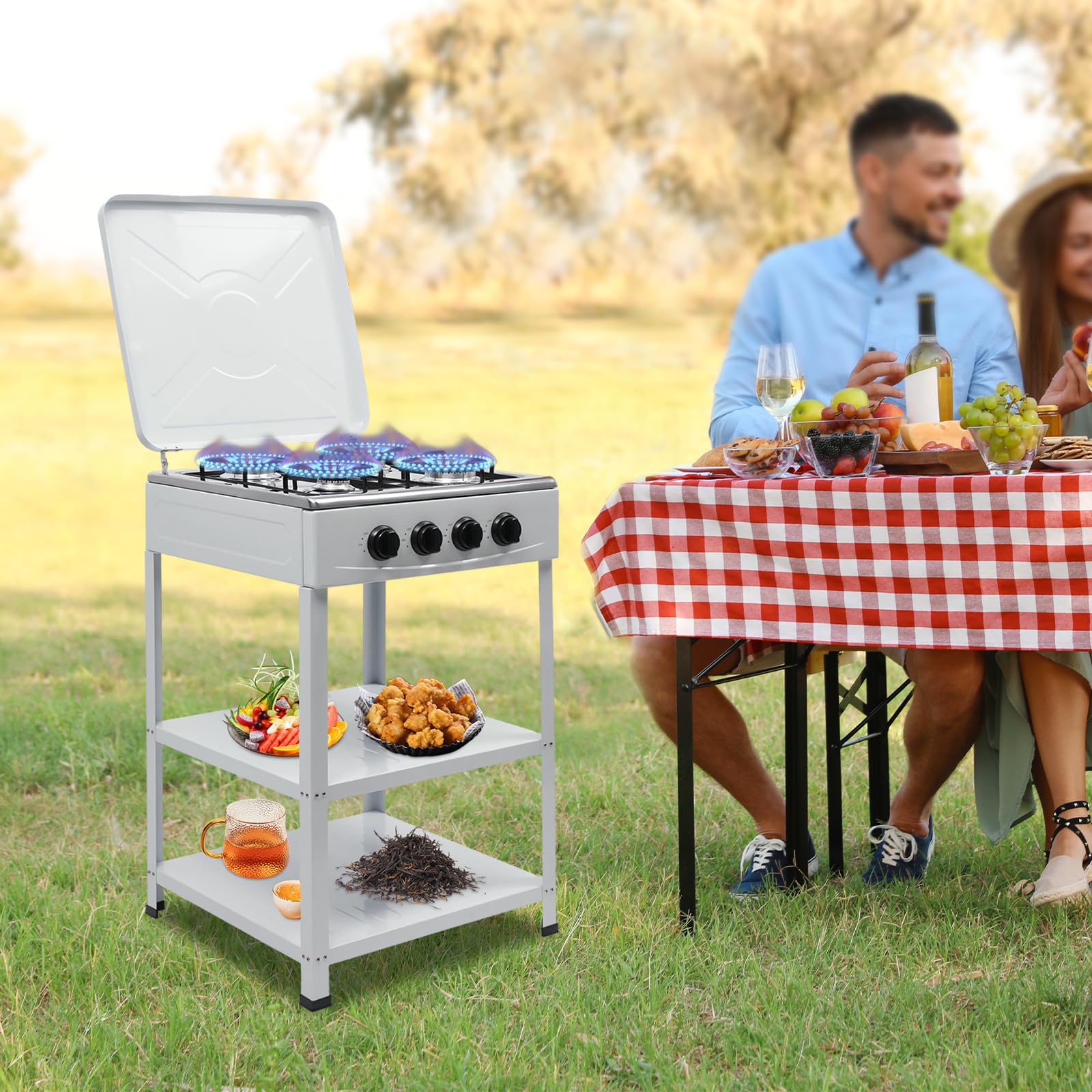 Cocina de gas de 4 fuegos, placa de gas para propano y gas natural, 49 x 49 cm, cocina de gas independiente con estante, cocina exterior y hogar, blanco con protección contra el viento, encendido