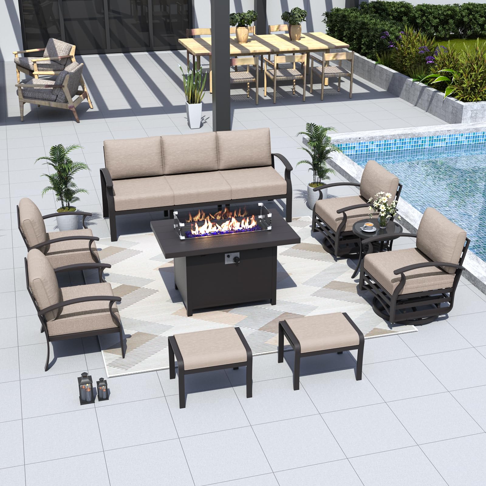 ALAULM Aluminum Patio Furniture Set with Propane Fire Pit Table 9-seat Metal Outdoor Furniture w/Swivel Chairs Patio Sectional Sofas w/2 Ottomans for