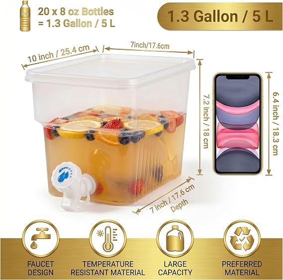 2 Pcs 1.3 Gallon Fridge Beverage Drink Dispenser with Spigot, Slim Plastic Water Dispenser Cold Drink Dispenser Leakproof for Indoor Outdoor Party BBQ Wedding