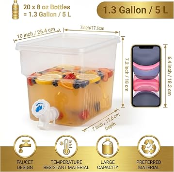 2 Pcs 1.3 Gallon Fridge Beverage Drink Dispenser with Spigot, Slim Plastic Water Dispenser Cold Drink Dispenser Leakproof for Indoor Outdoor Party BBQ Wedding
