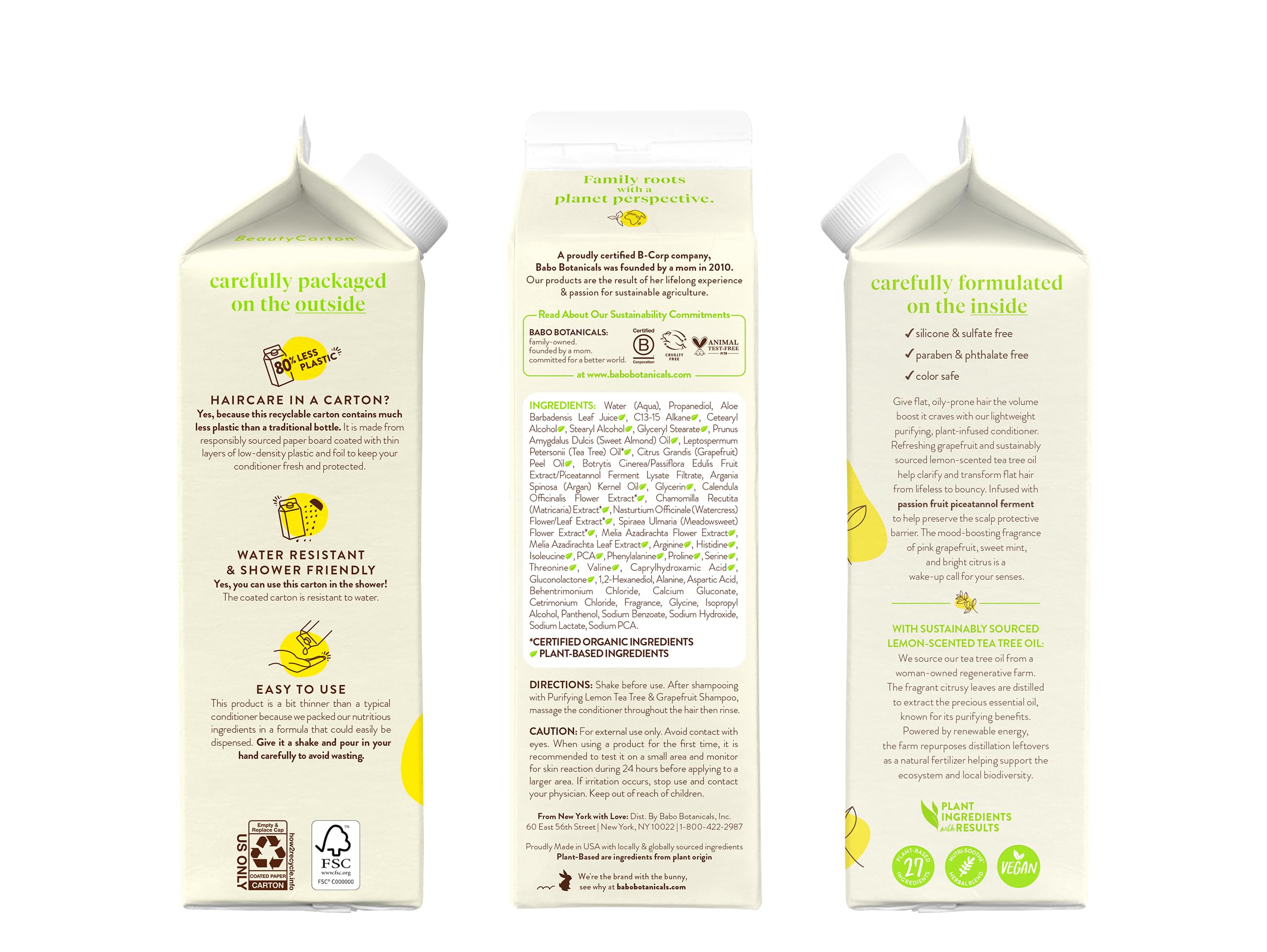 Babo Botanicals Purifying Lemon Tea Tree & Grapefruit Conditioner – For Flat, Oily Prone Hair – Add body & shine – Citrus-Mint Fragrance - Water-Resistant Carton w. 80% Less Plastic – Vegan