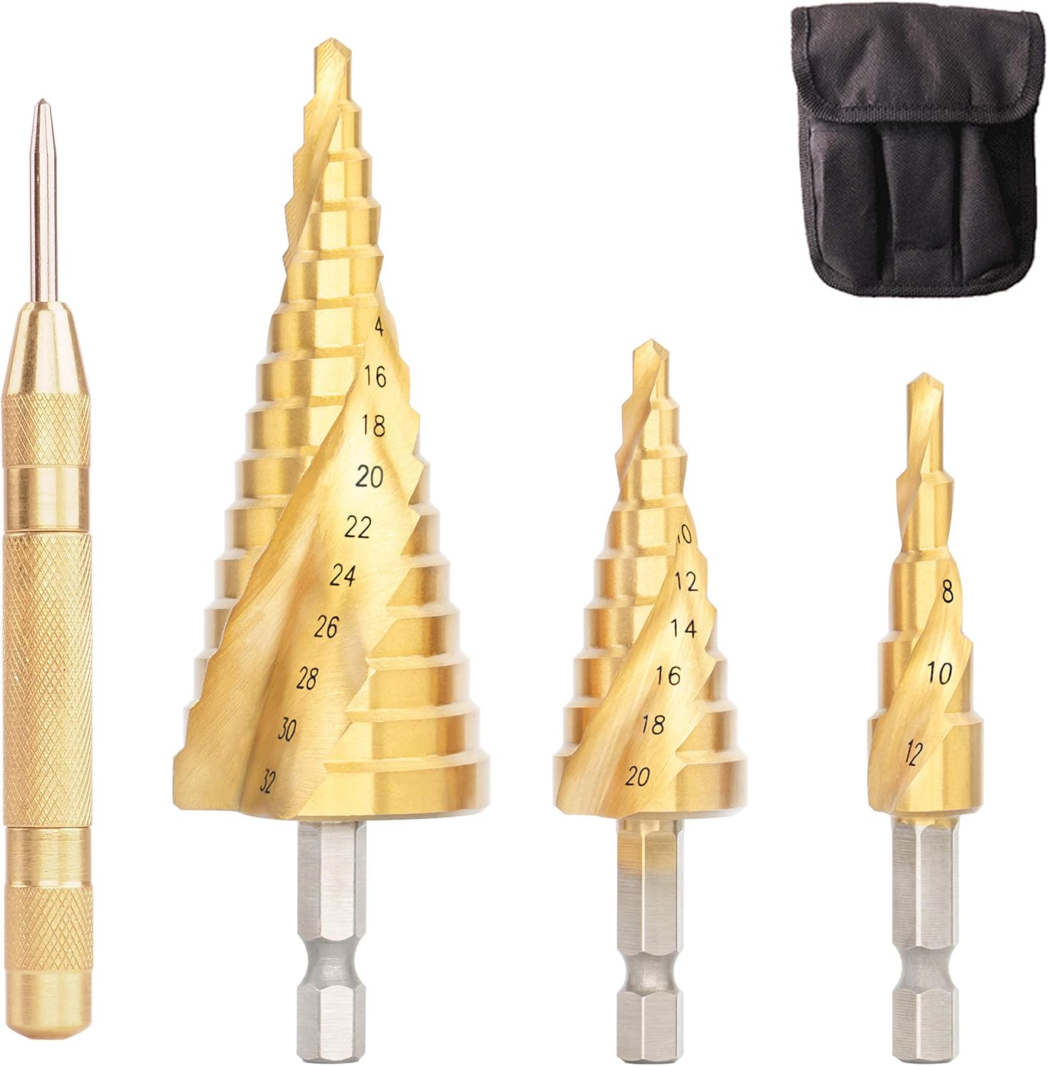 SANUKE Step Drill Bit Set Spiral with Automatic Spring Loaded Center Punch, 3pcs High Speed Steel Titanium Coated Step Bits for Metal 4-12mm/4-20mm/4-32mm Total 29 Step Sizes