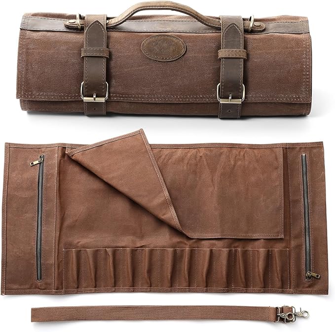XINZUO Bolsa para Cuchillos de Chef, Estuche Profesional para Cuchillos de Chef, 12 Ranuras, Lona Encerada de 16oz y Cuero, Bolsa de Almacenamiento para Utensilios de Cocina (Sólo Bolsa)