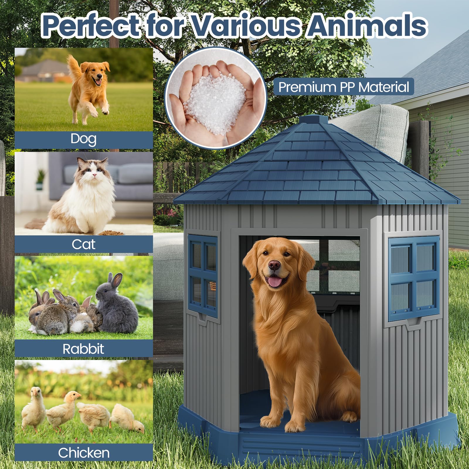 FANTASK Hundehütte Outdoor, Hundehaus Winterfest mit großer Tür & 2 Fenstern aus PP, scheunenförmig, Outdoor Hundehütte für mittelgroße bis große Hunde & Katzen, Grau