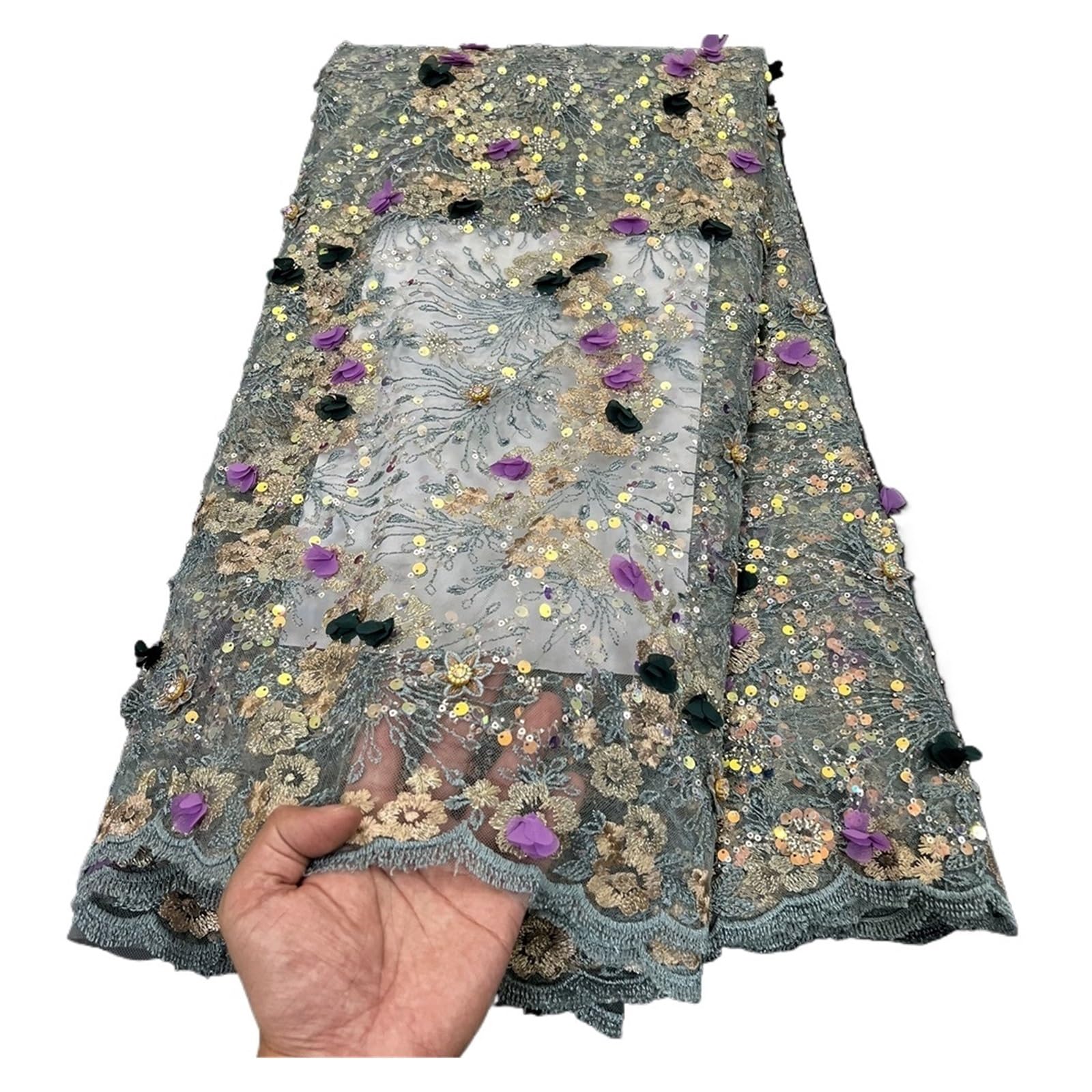Afrykańska Nigeryjska Tiulowa Koronkowa Tkanina Cekinowy Haft Francuska Gipiura Koraliki Do Sukni Ślubnej 5 Jardów (Size : 6)