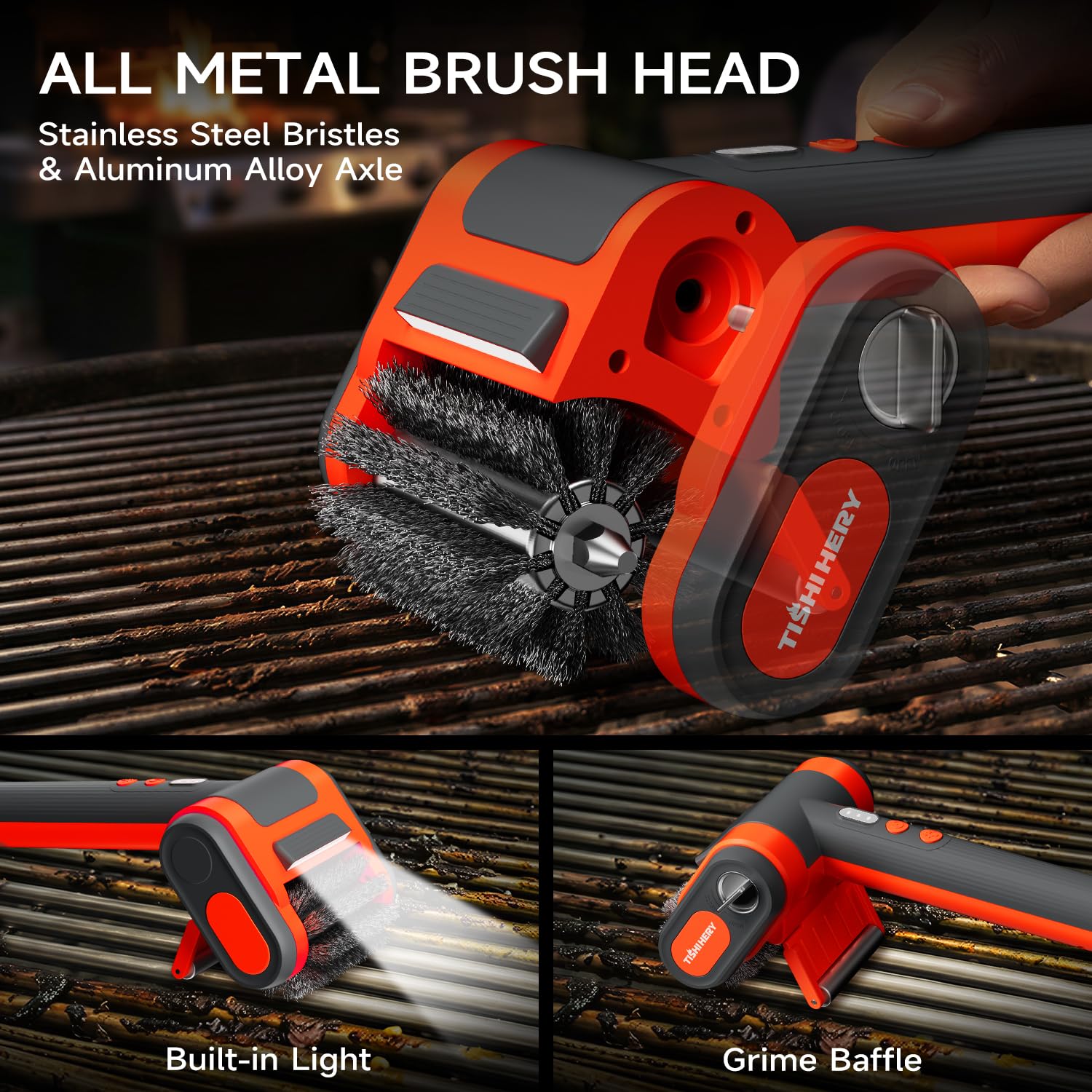 Spazzola elettrica per griglia per esterni, testina spazzola da 800 giri/min, batteria da 3000 mAh, senza preriscaldamento della griglia, setole in acciaio inossidabile 304, pulitore per griglia BBQ