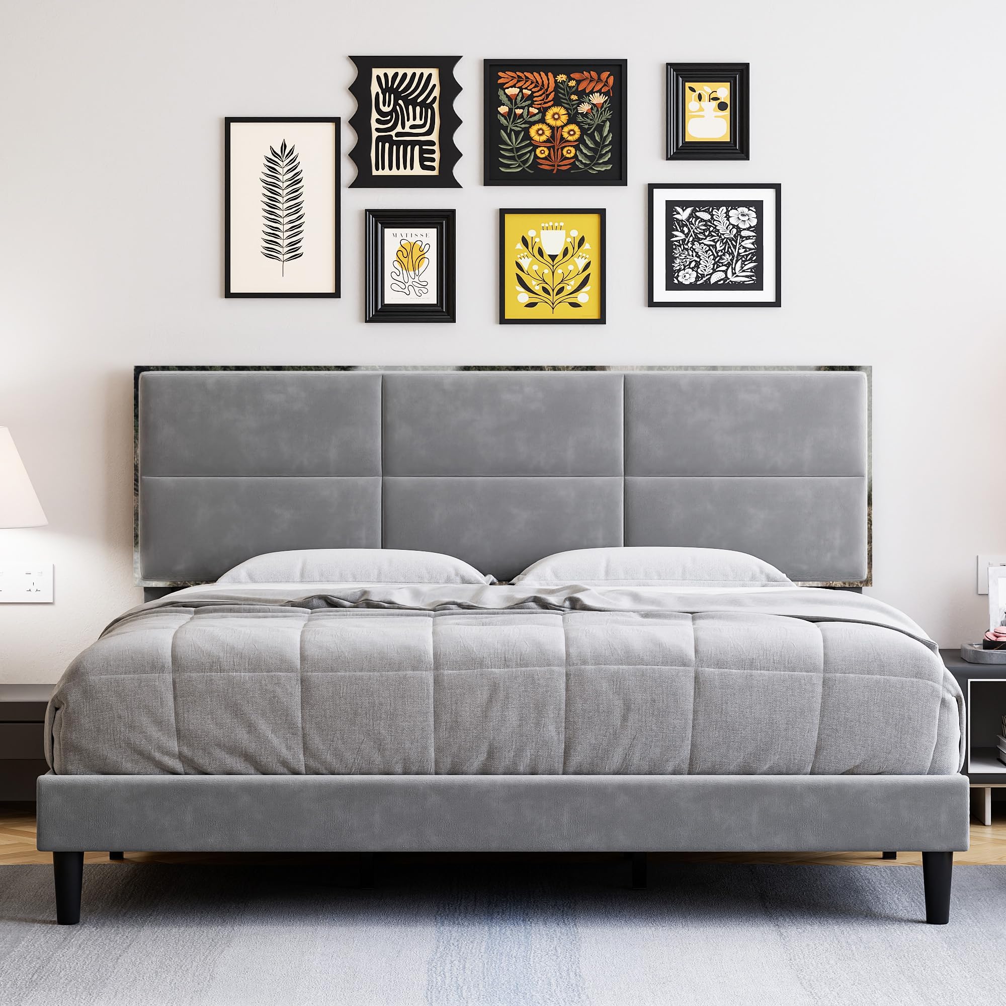 Full Size Bed Frame with Square Velvet Headboard, Strong Metal & Wooden Slats Support, Non-Slip and Noise-Free, No Box Spring Needed, Easy Assembly (Full, Grey)