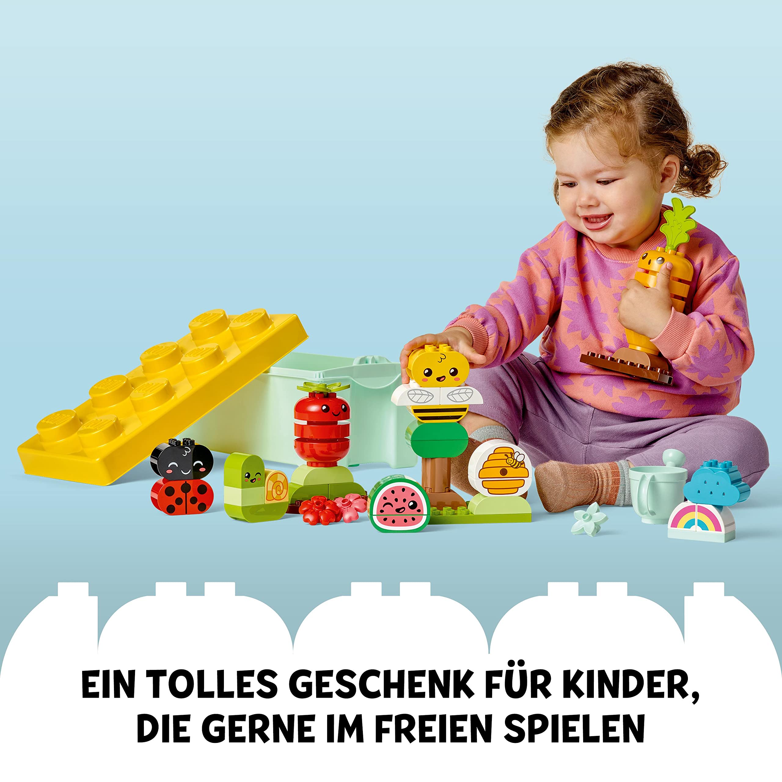 LEGO 10984 DUPLO My First Biogarten Bausteine-Box, Lernspielzeug für Kleinkinder ab 1,5 Jahren, mit Marienkäfer, Hummel, Obst & Gemüse, Stapelspielzeug für Babys