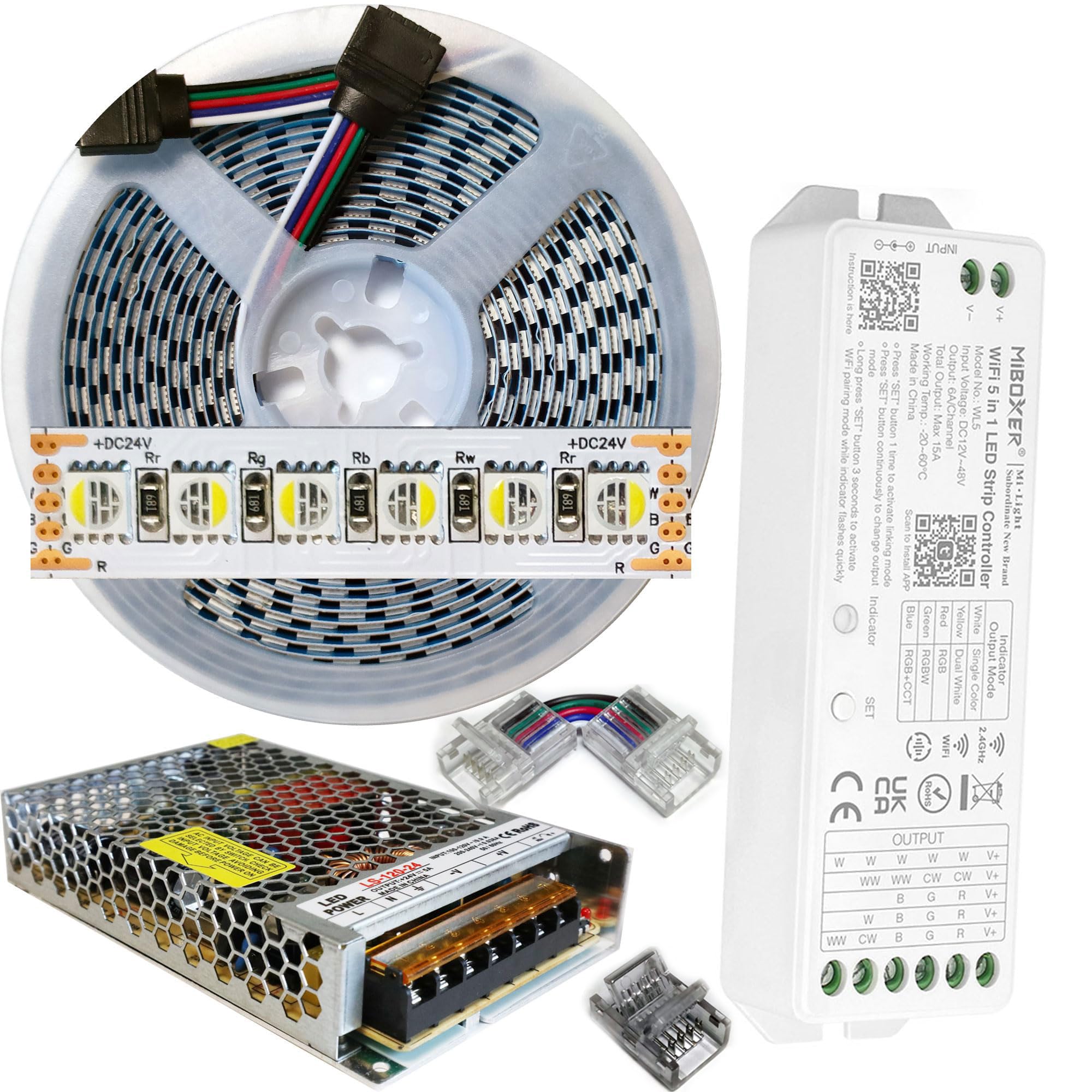 RGB+Bianco Caldo 4in1 24V. Kit da 5 Metri con 1 Trasformatore da 120w e 1 WL5 4in1. Con 600 Led RGB+WW sviluppa 5000+5000 Lumen. Striscia RGBW Ip20