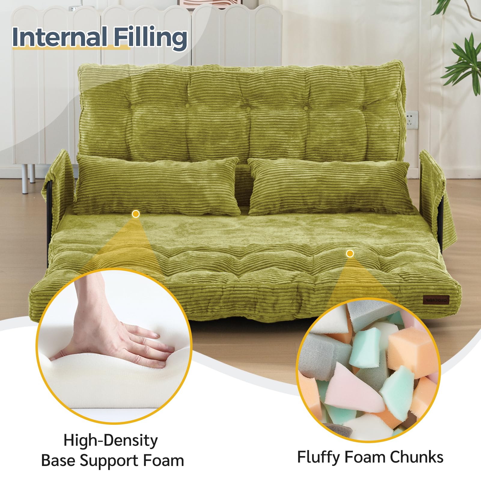 MAXYOYO Regulowana sofa rozkładana z 2 poduszkami, wielofunkcyjna sofa do spania, 5-pozycyjna rozkładana sofa z podłokietnikami, uniwersalne siedzisko do czytania