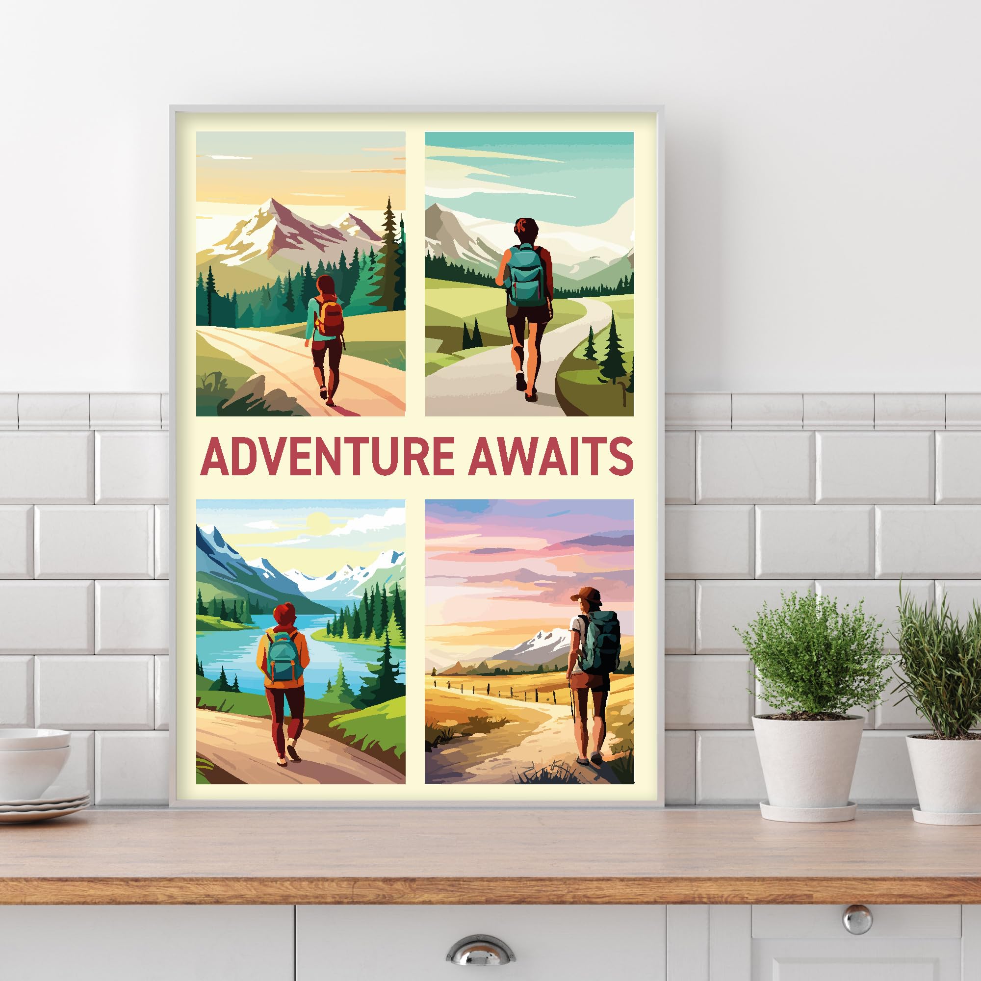 Themed Walking Wall Art Print - Adventure Awaits Hiking Poster (21cm x 29.7cm - A4)