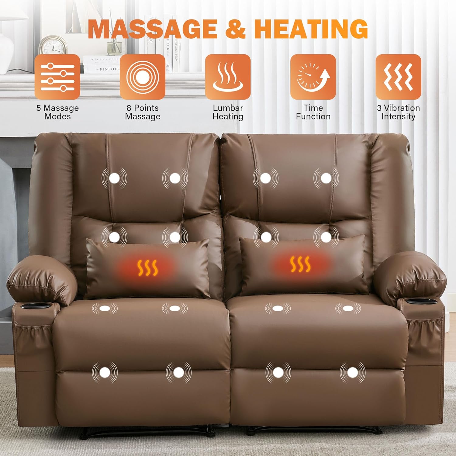Leather Love Seat Recliner Sofa-Oversized Wall Hugger Recliner Loveseat with Heat and Massage, Manual Home Theater Seating with Cup Holder&Side Pocket/USB, Double Love Seat Recliner (Brown)