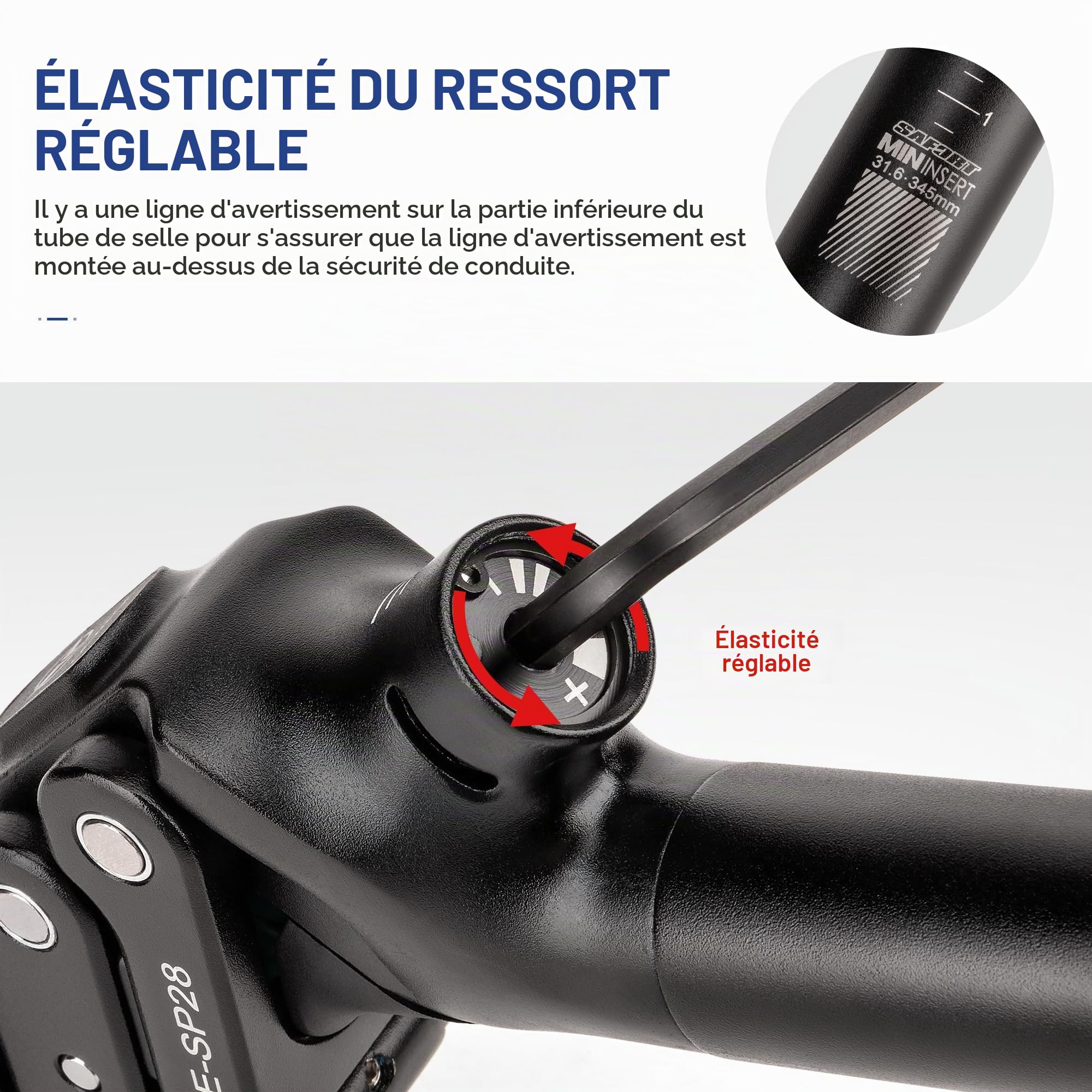 GEWAGE Tige de Selle à parallélogramme 4 Bras – Tige de Selle Suspendue Premium, débattement 37 mm, Design Ergonomique, Aluminium, sans Entretien, idéale pour VTT / E-Bike / Ville