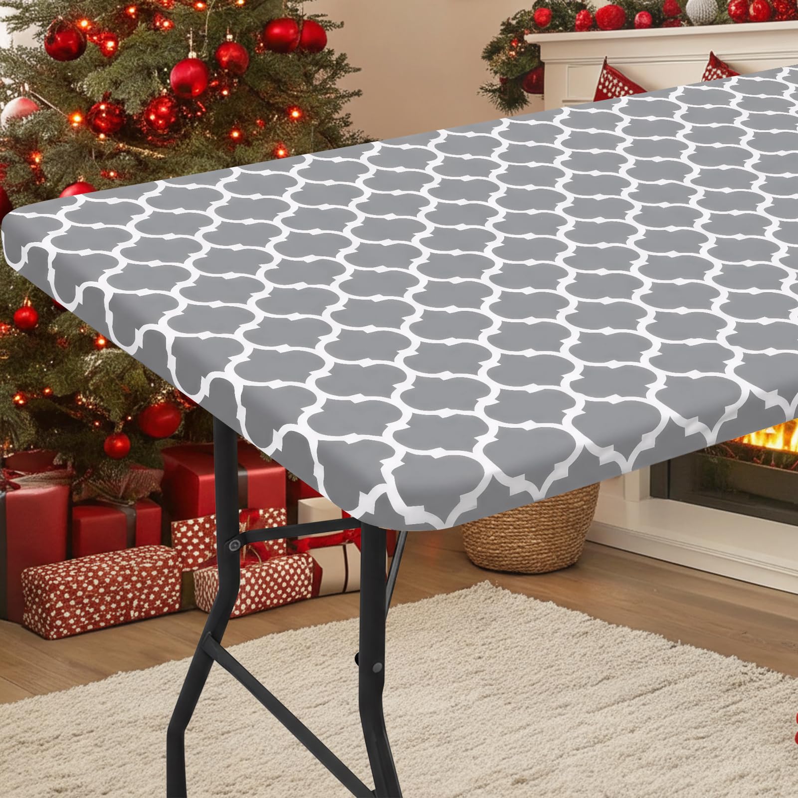 smiry Rectangle Tablecloth, Waterproof Elastic Fitted Table Covers for 6 Foot Tables, Wipeable Flannel Backed Vinyl Tablecloths for Picnic, Camping, Indoor, Outdoor (Grey Morocco, 30x72 Inches)