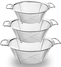 Dicunoy Set of 3 Strainers and Colanders, Stainless Steel Mesh Strainer Basket with Handle, Stackable Mesh Footed Colander for Rinse Food, Fruit, Vegetable, Strain, Drain (2.5/3/5 Quart)
