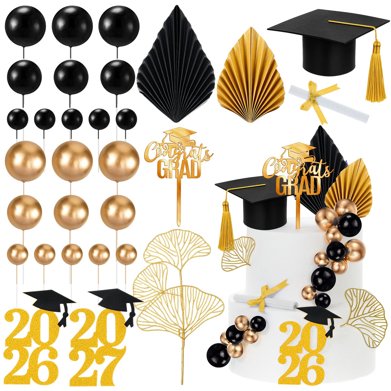 Panelee Boho-Kuchenaufsatz-Set, Mini-Kugel-Kuchenaufsatz, Schwarz und Gold, Kuchendekorationen für Abschlussfeier, 3 Größen, Kugel-Kuchenaufsätze mit Papierfächern und Kucheneinsätzen für
